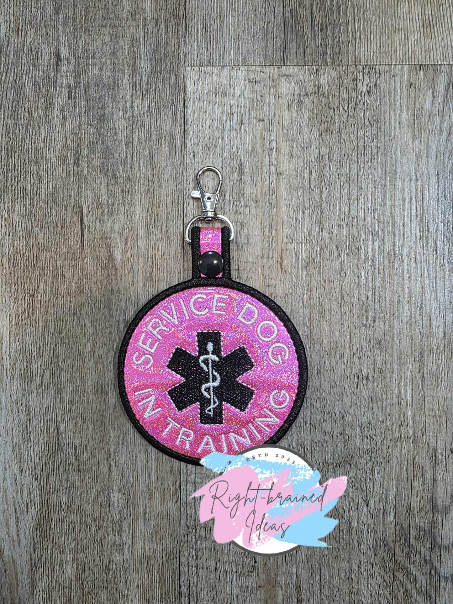 In Training Do Not Pet Black And White On Sparkle Pink Holographic Vinyl Two-piece Patch Tab and Leash Wrap Set