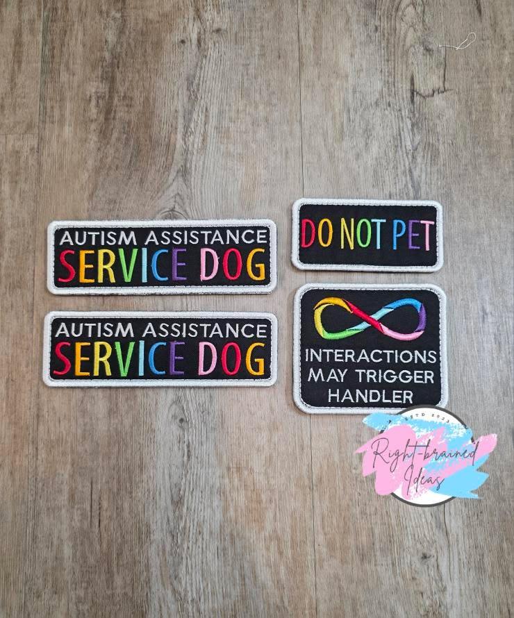 Service Dog Autism Assistance Rainbow And White On Black Twill Neurodivergent Inspired Four-piece Patch Set