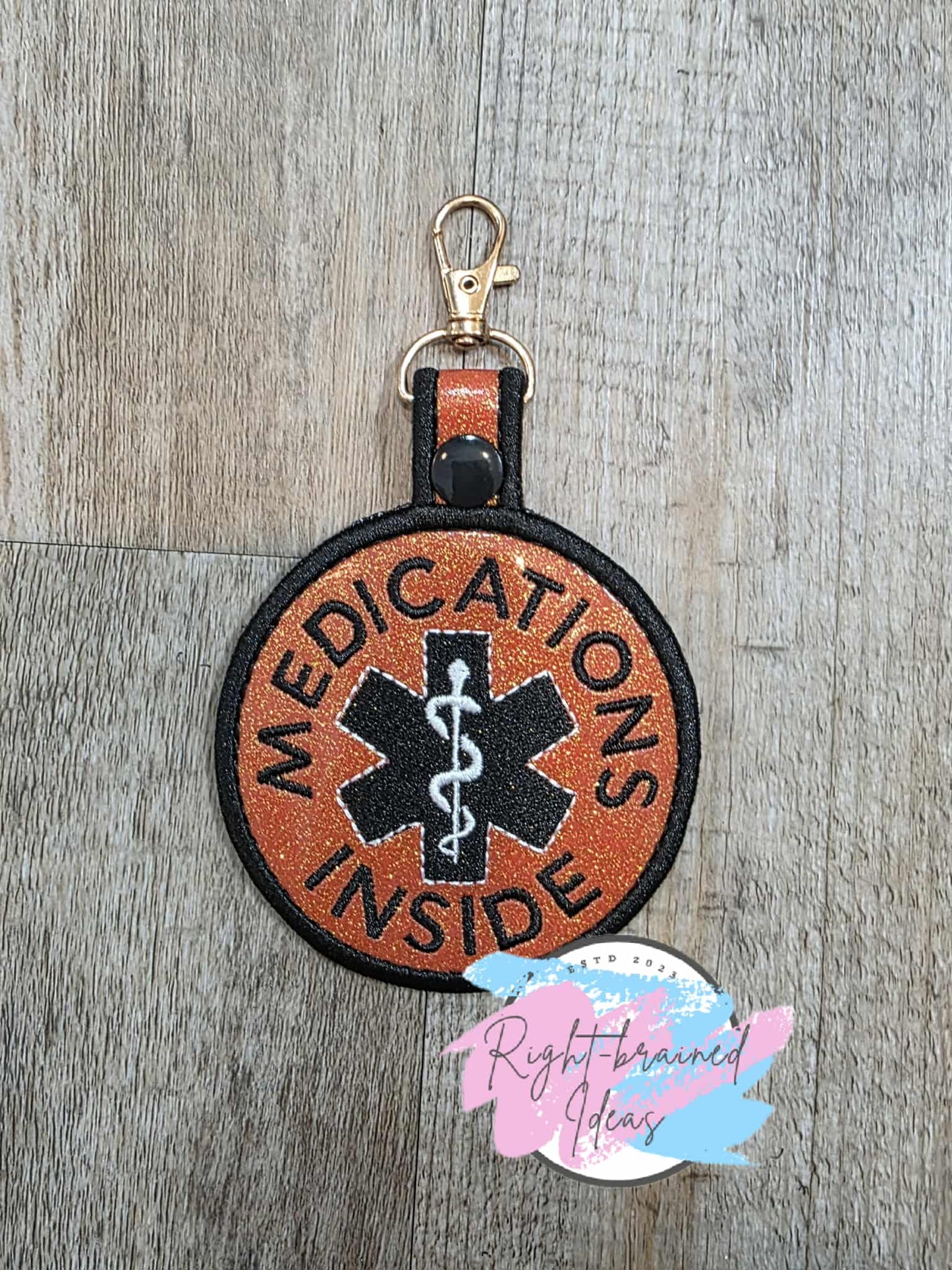 Medication Inside Black And White On Sparkle Burnt Orange Vinyl Patch Tab