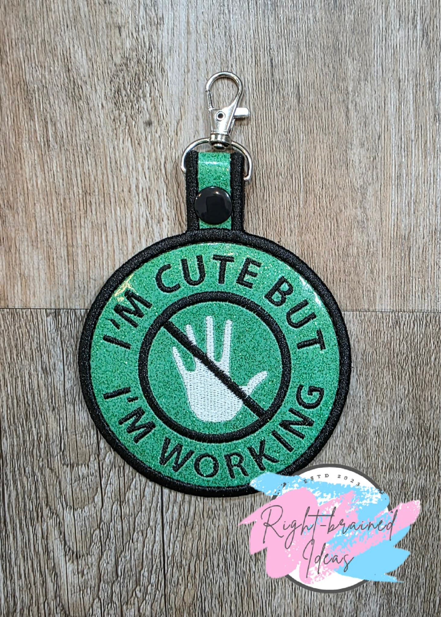 Cute But Working Black And White On Sparkle Moss Green Vinyl Patch Tab