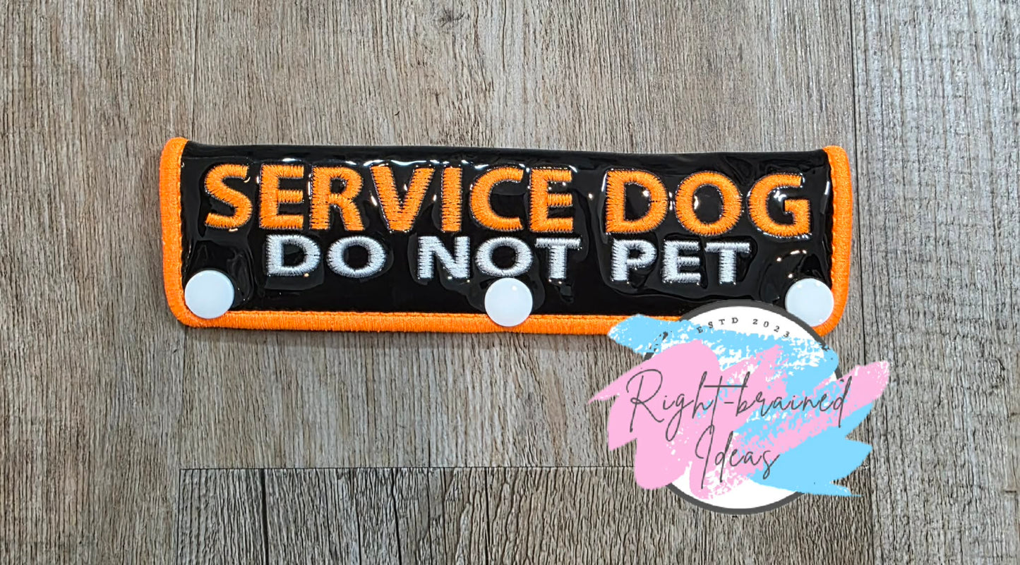 Service Dog Do Not Pet Neon Orange And White On Shiny Black Vinyl Two-piece Patch Tab And Leash Wrap Set
