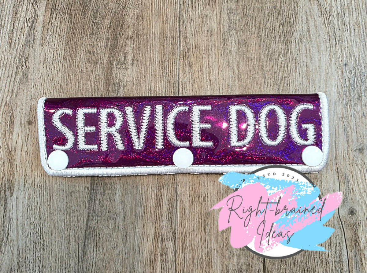 Service Dog White On Sparkle Holographic Plum Vinyl Leash Wrap