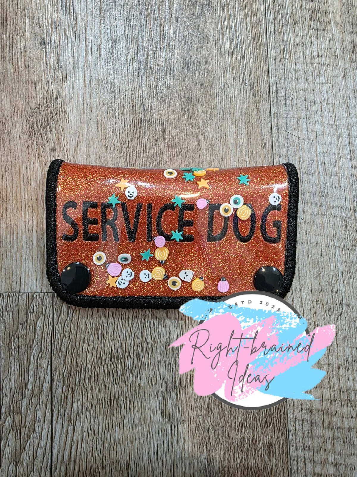 Pumpkins, Skulls And More Service Dog Black On Sparkle Burnt Orange Vinyl Confetti Shaker Wrap