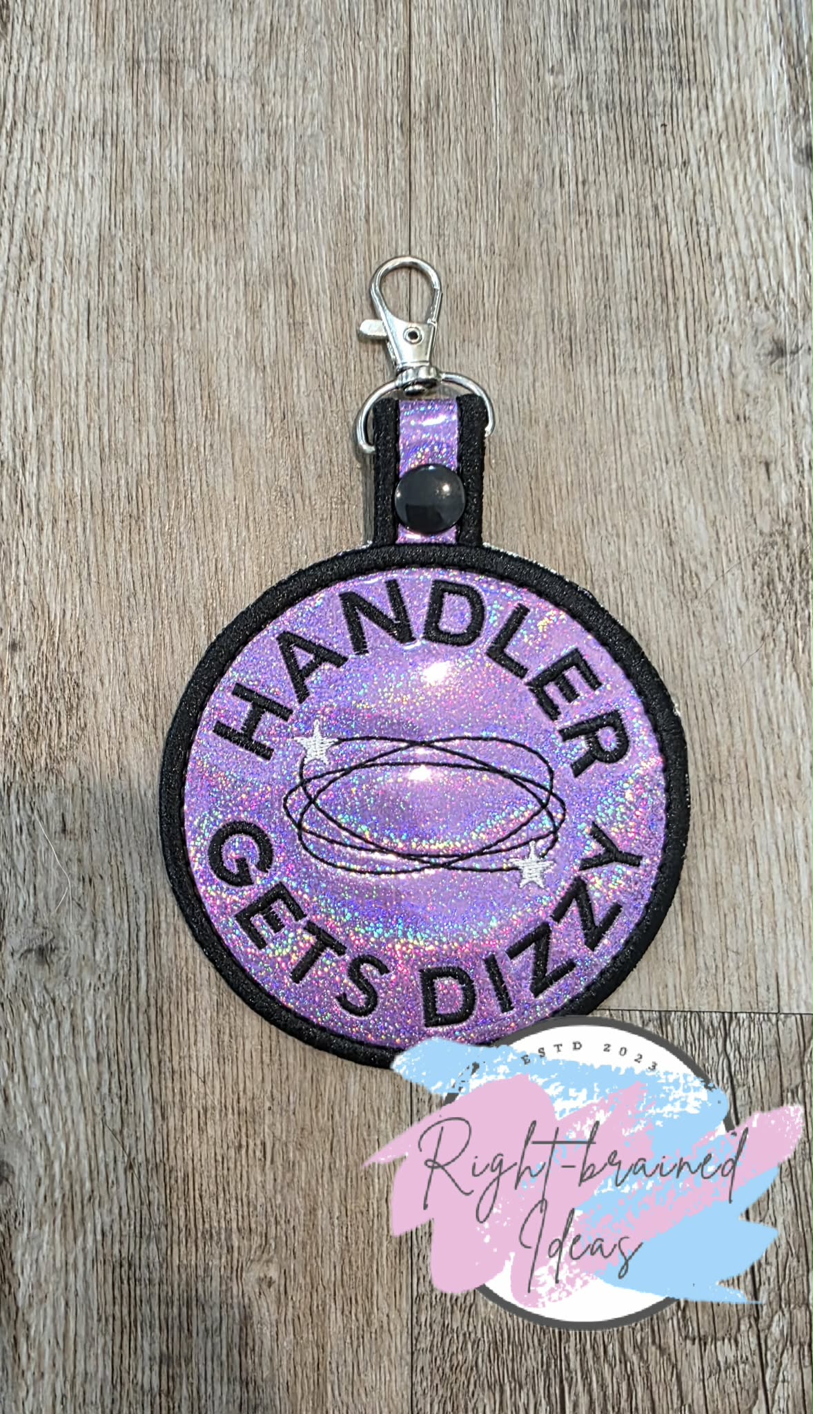 Handler Gets Dizzy Black And White On Sparkle Purple Holographic Vinyl Patch Tab