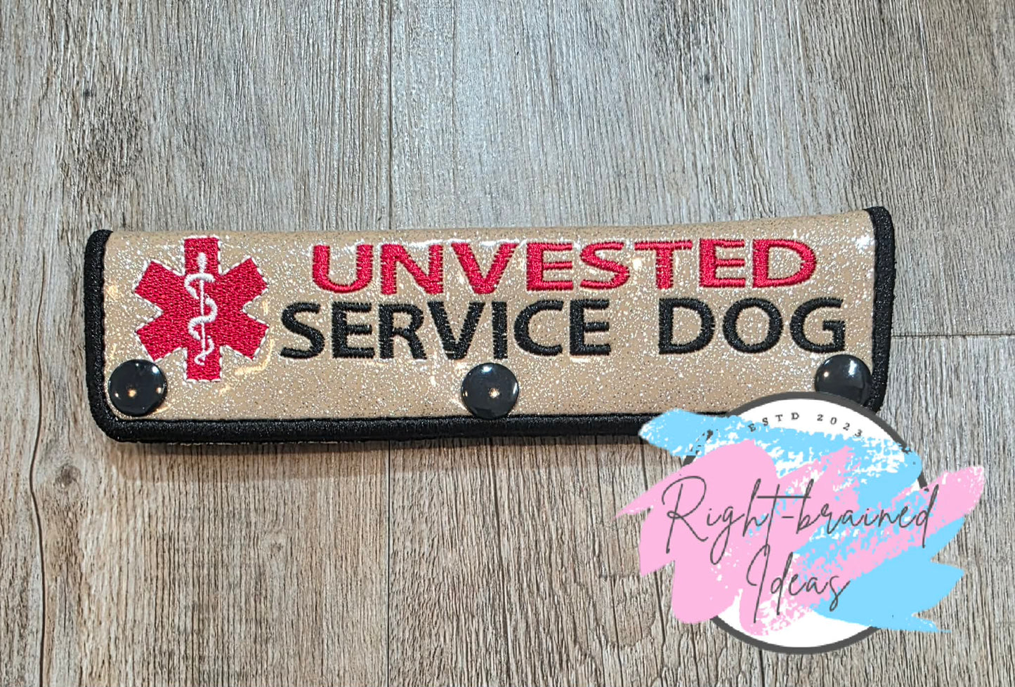 Unvested Service Dog Black, Red And White On Sparkle Tan Vinyl Leash Wrap