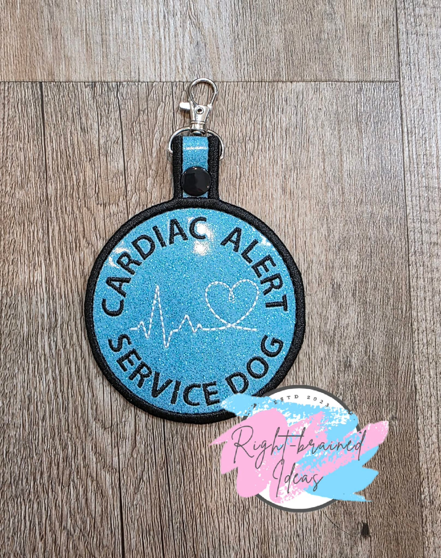 Cardiac Alert Service Dog Black And White On Sparkle Light Blue Vinyl Patch Tab