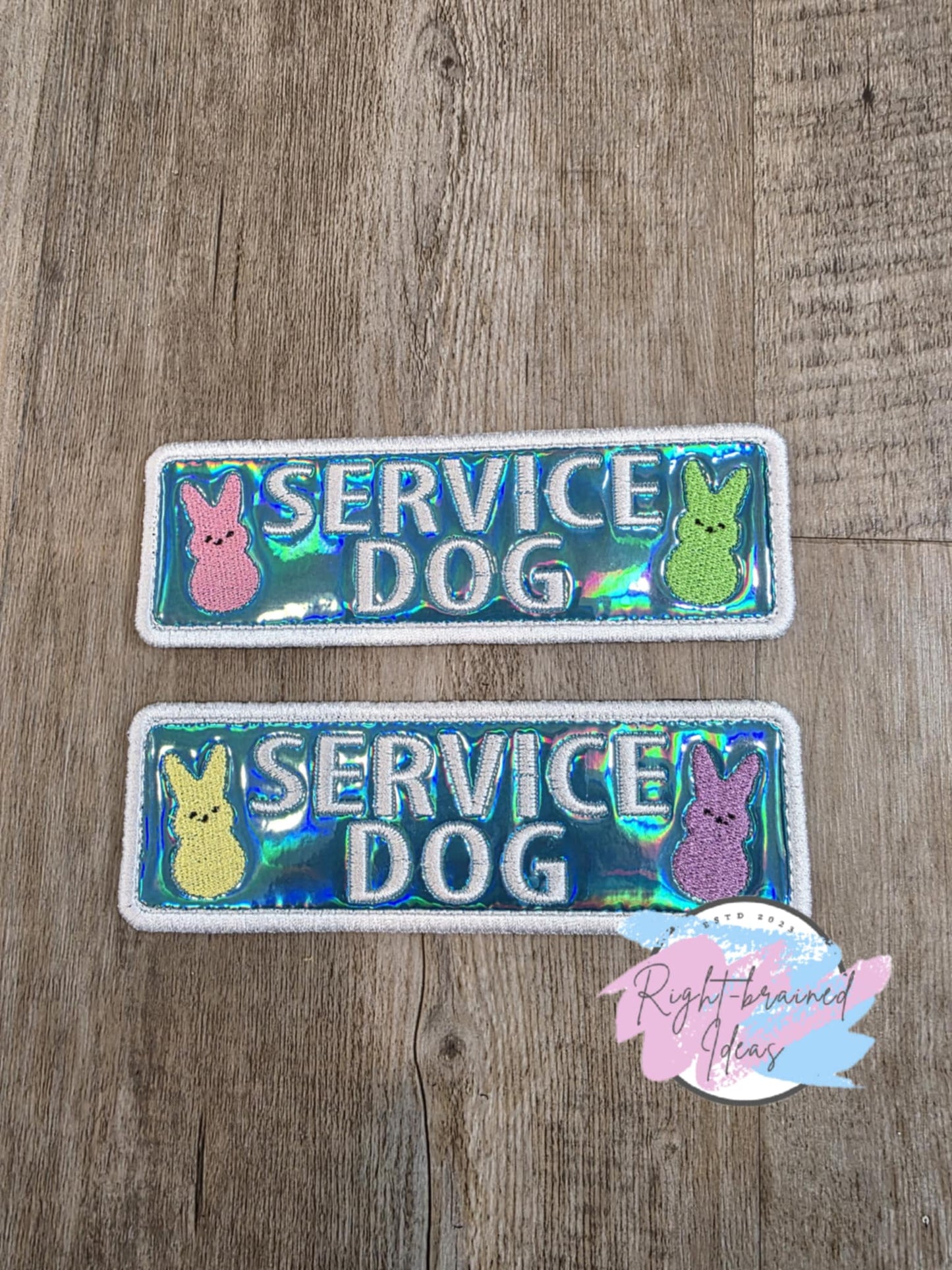 Easter Bunny Marshmallow Candy Inspired Service Dog White on Teal Holographic Vinyl Four-piece Patch and Leash Wrap Set