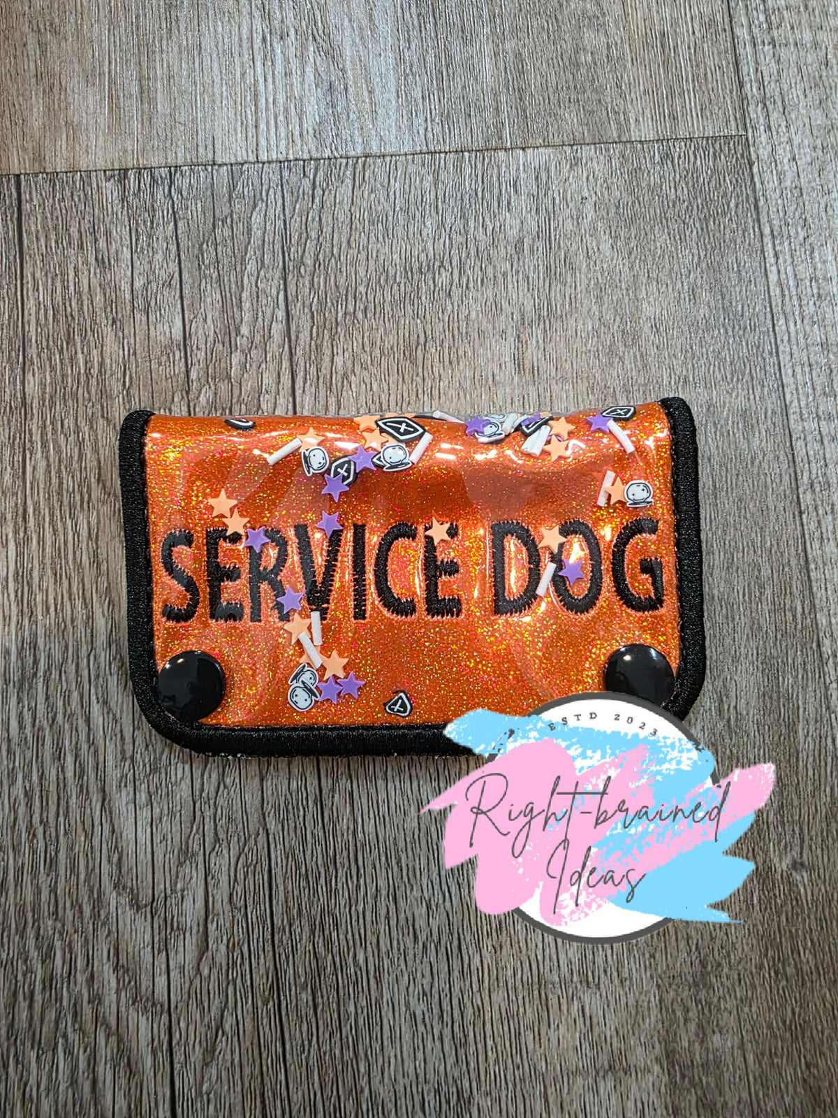 Coffins, Crystal Balls, Stars and Jimmies Service Dog Black On Sparkle Orange Holographic Vinyl Confetti Shaker Wrap