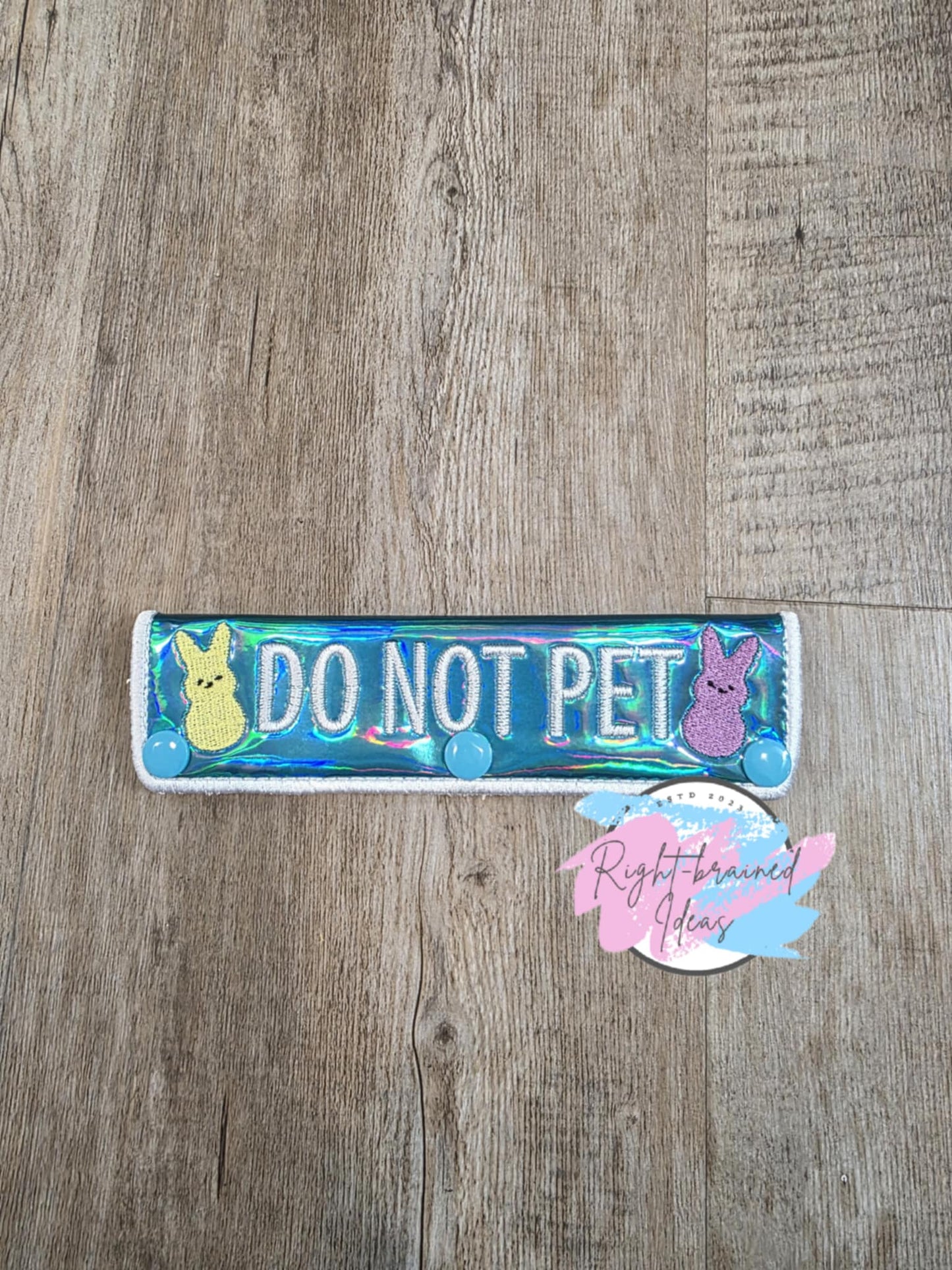 Easter Bunny Marshmallow Candy Inspired Service Dog White on Teal Holographic Vinyl Four-piece Patch and Leash Wrap Set