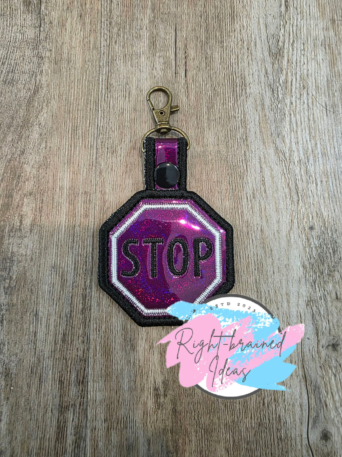 *Minor Flaw* STOP Black And White On Sparkle Holographic Plum Vinyl Patch Tab