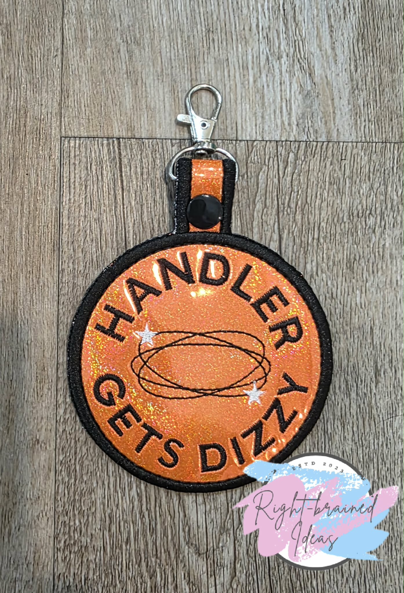 Handler Gets Dizzy Black And White On Sparkle Neon Orange Holographic Vinyl Patch Tab