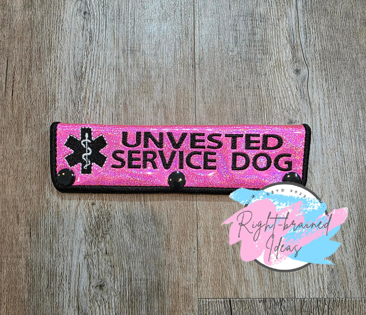Unvested Service Dog Black And White On Sparkle Pink Holographic Vinyl Leash Wrap