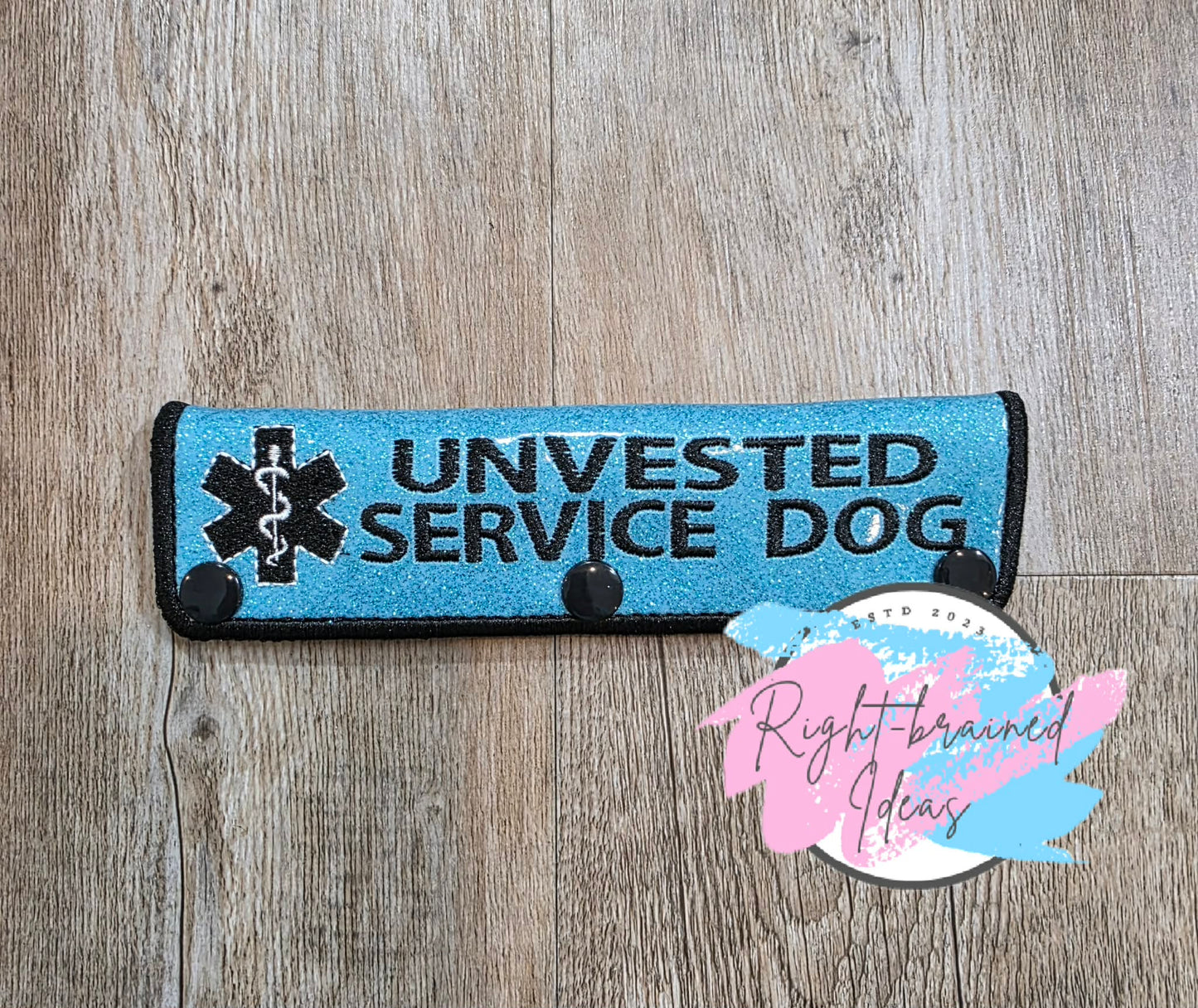 Unvested Service Dog Black And White On Sparkle Light Blue Vinyl Leash Wrap