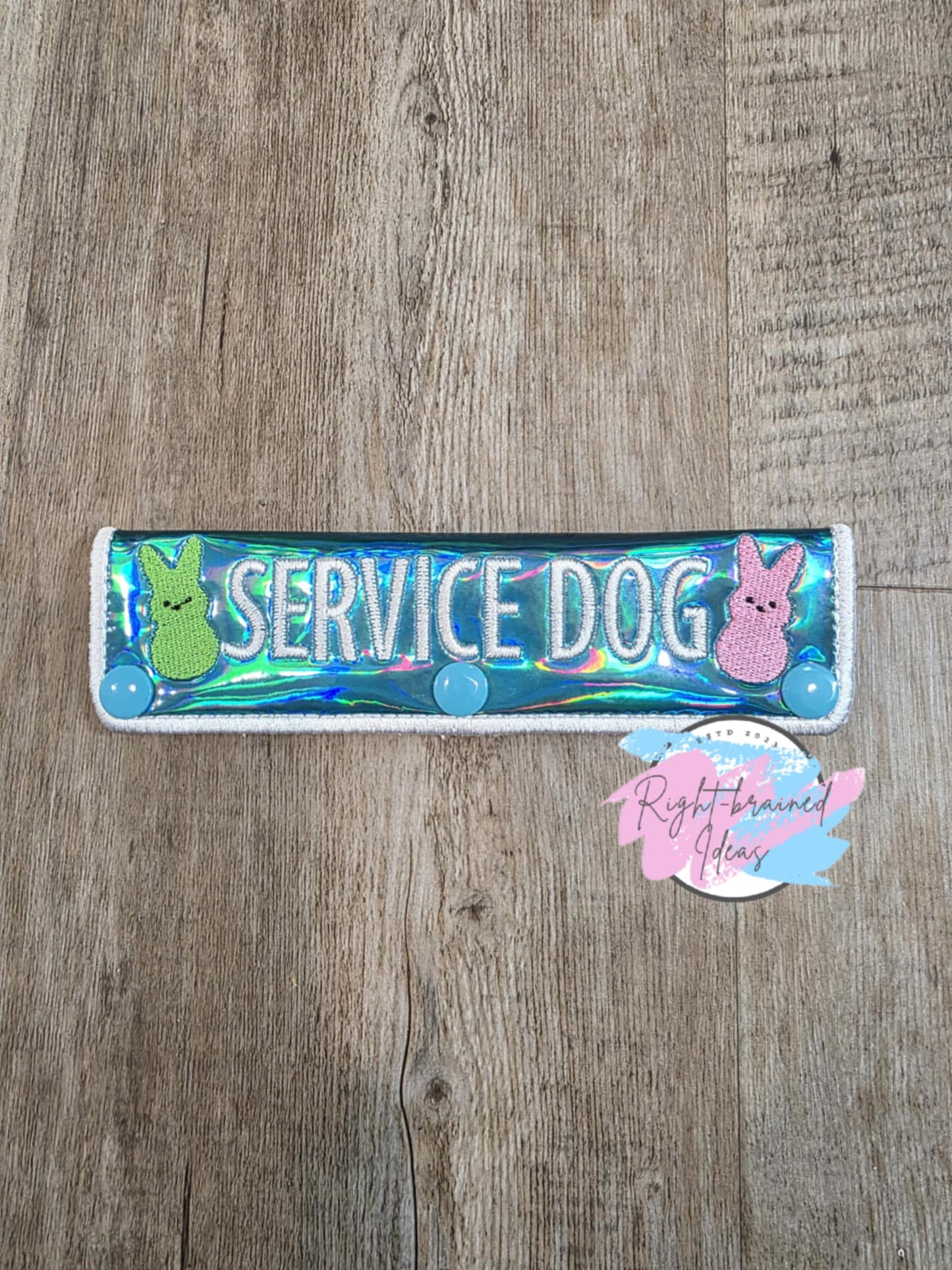 Easter Bunny Marshmallow Candy Inspired Service Dog White on Teal Holographic Vinyl Four-piece Patch and Leash Wrap Set