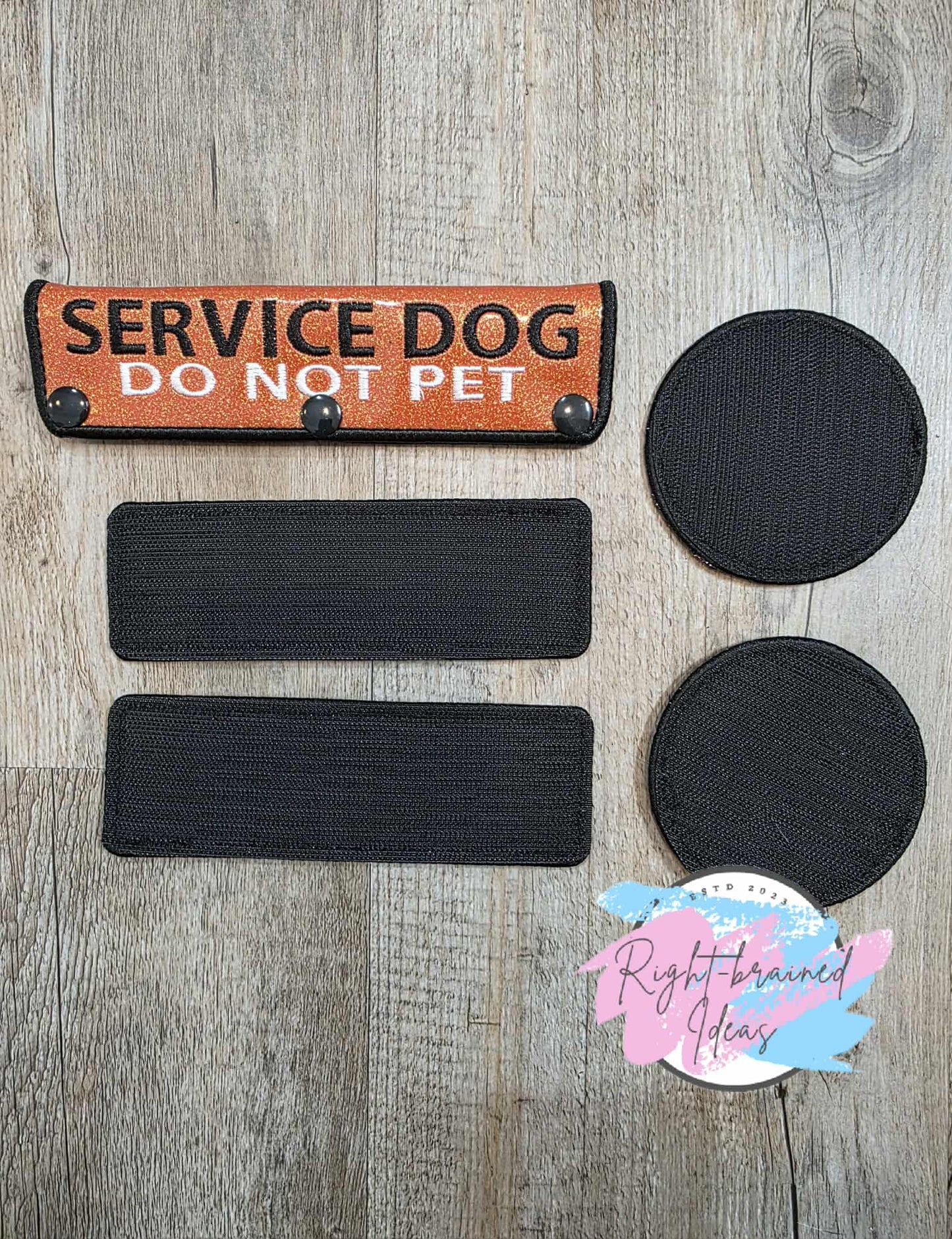 Service Dog Do Not Pet Black And White On Sparkle Burnt Orange Vinyl Five-piece Patch and Leash Wrap Set