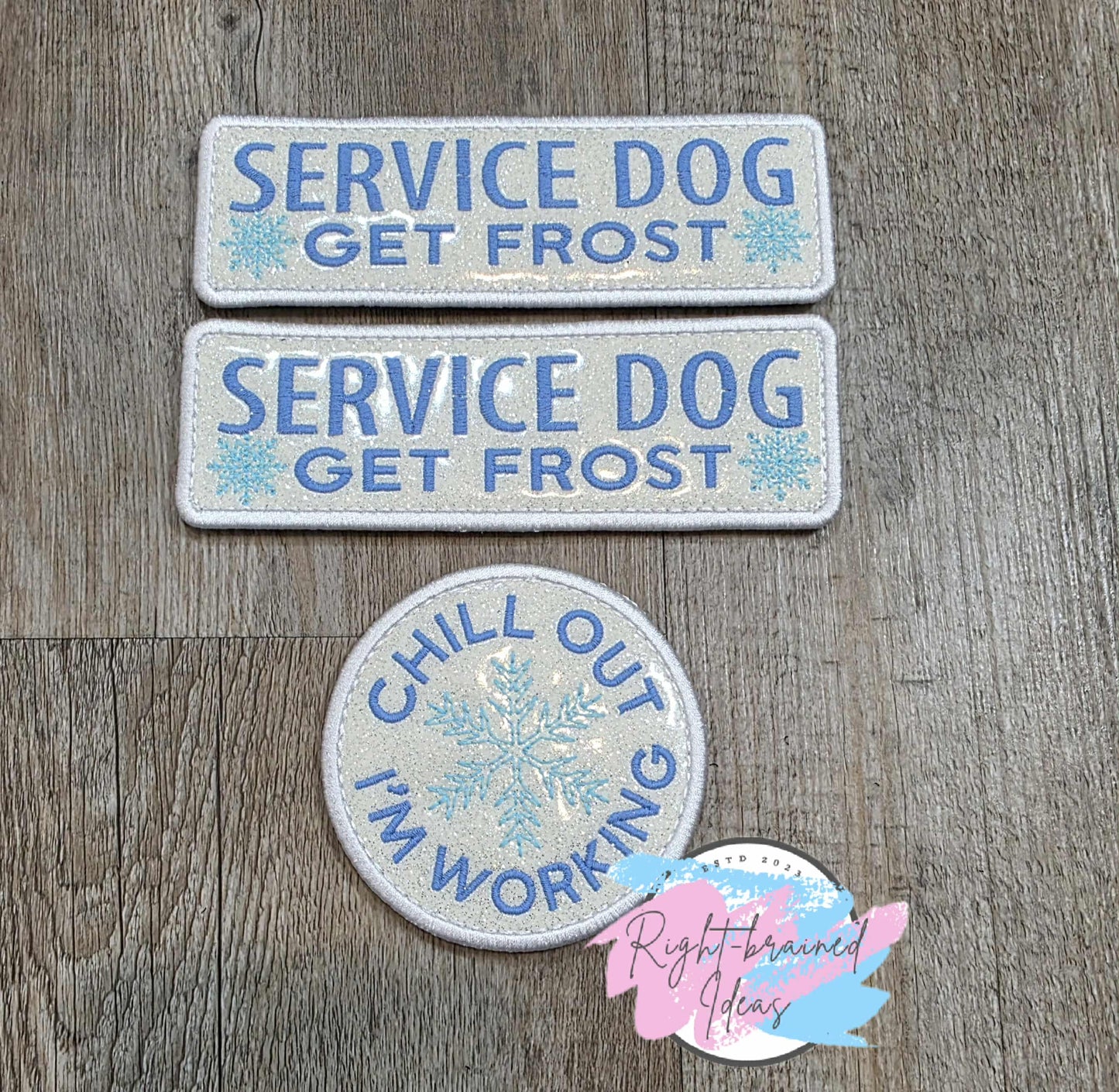 Frost Inspired Service Dog Flat Matt Periwinkle/Sky Blue On Sparkle White Vinyl Three-piece Patch Set