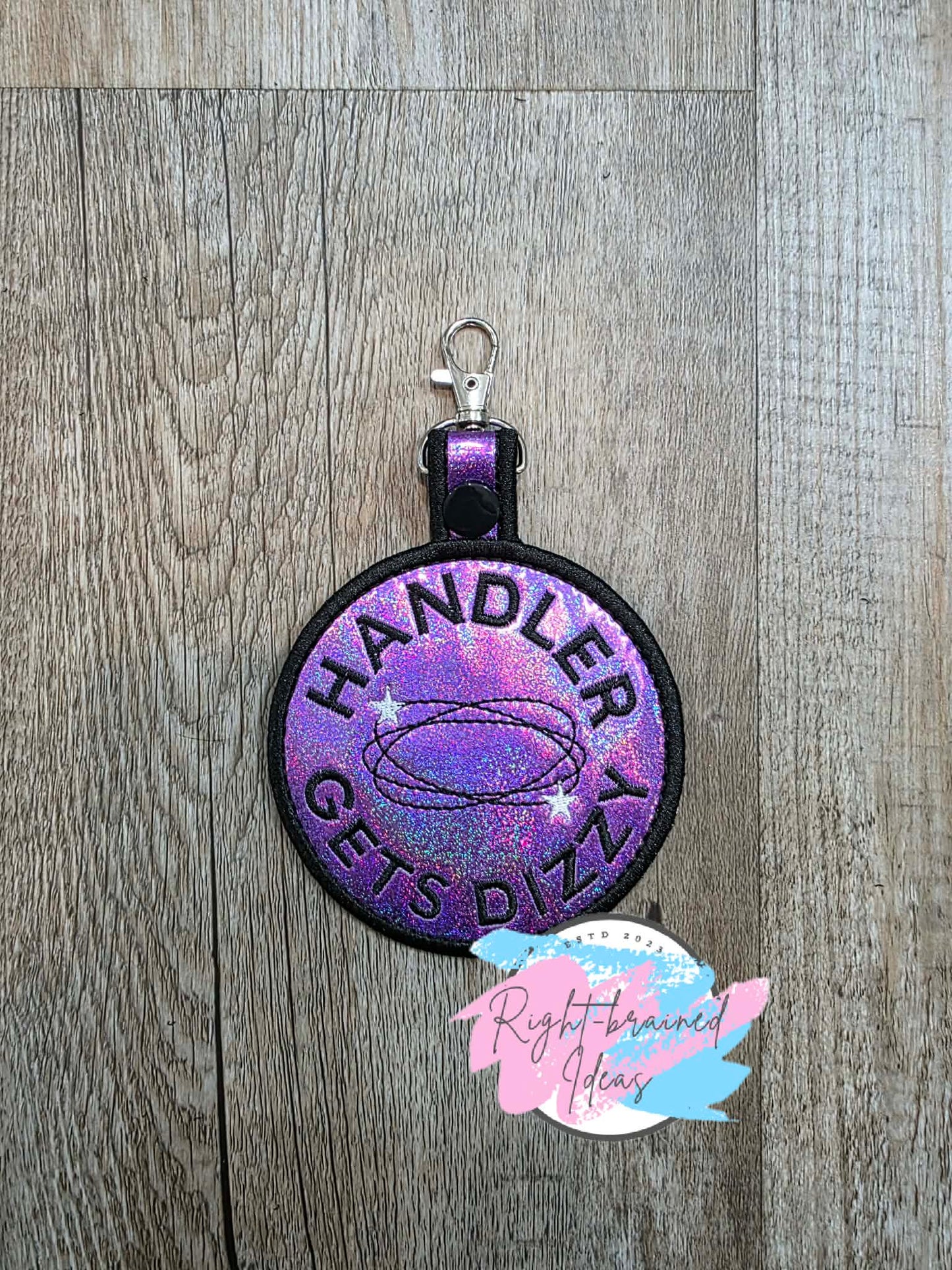 Handler Gets Dizzy Black And White On Sparkle Purple Holographic Vinyl Patch Tab