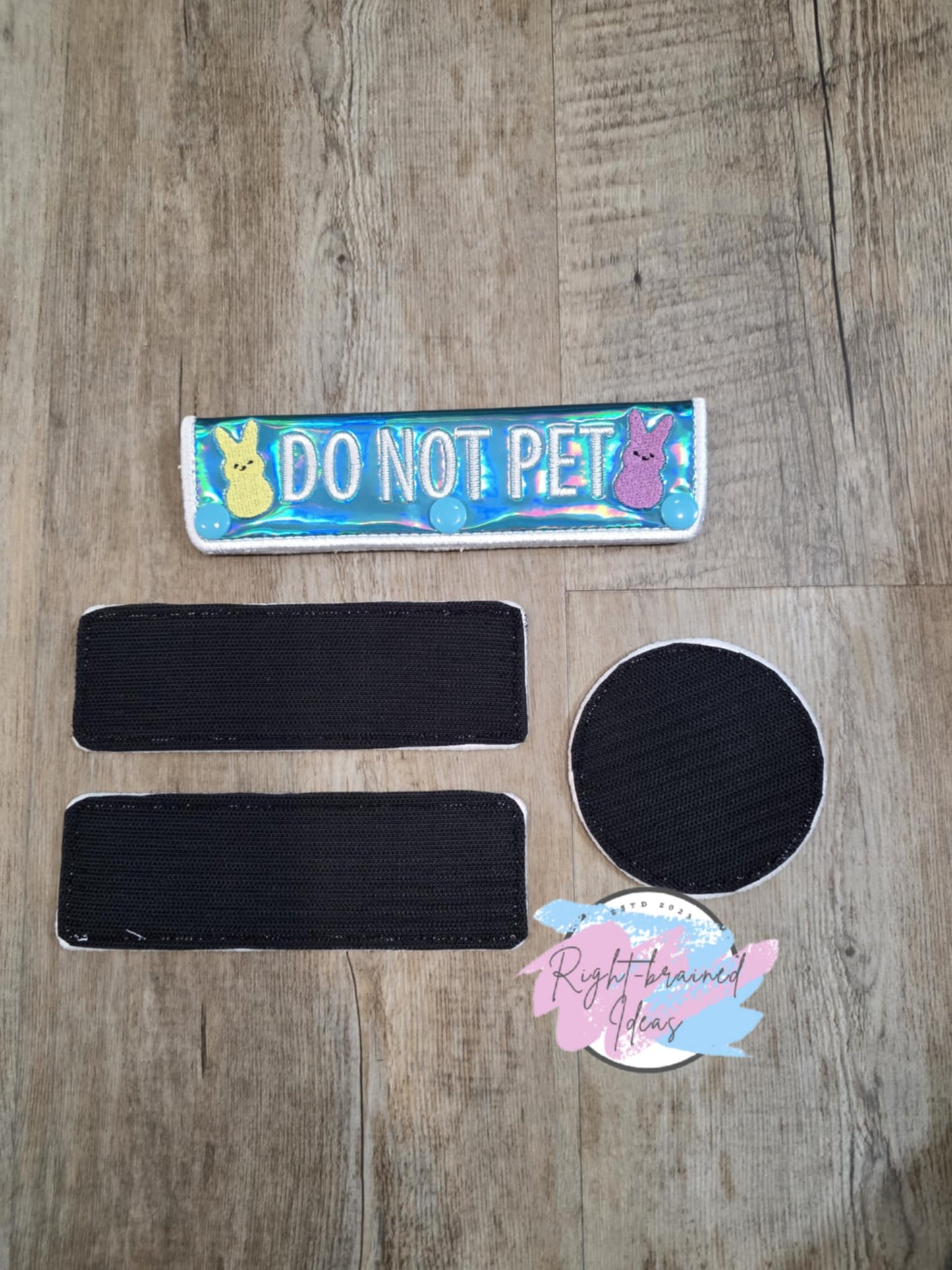 Easter Bunny Marshmallow Candy Inspired Service Dog White on Teal Holographic Vinyl Four-piece Patch and Leash Wrap Set