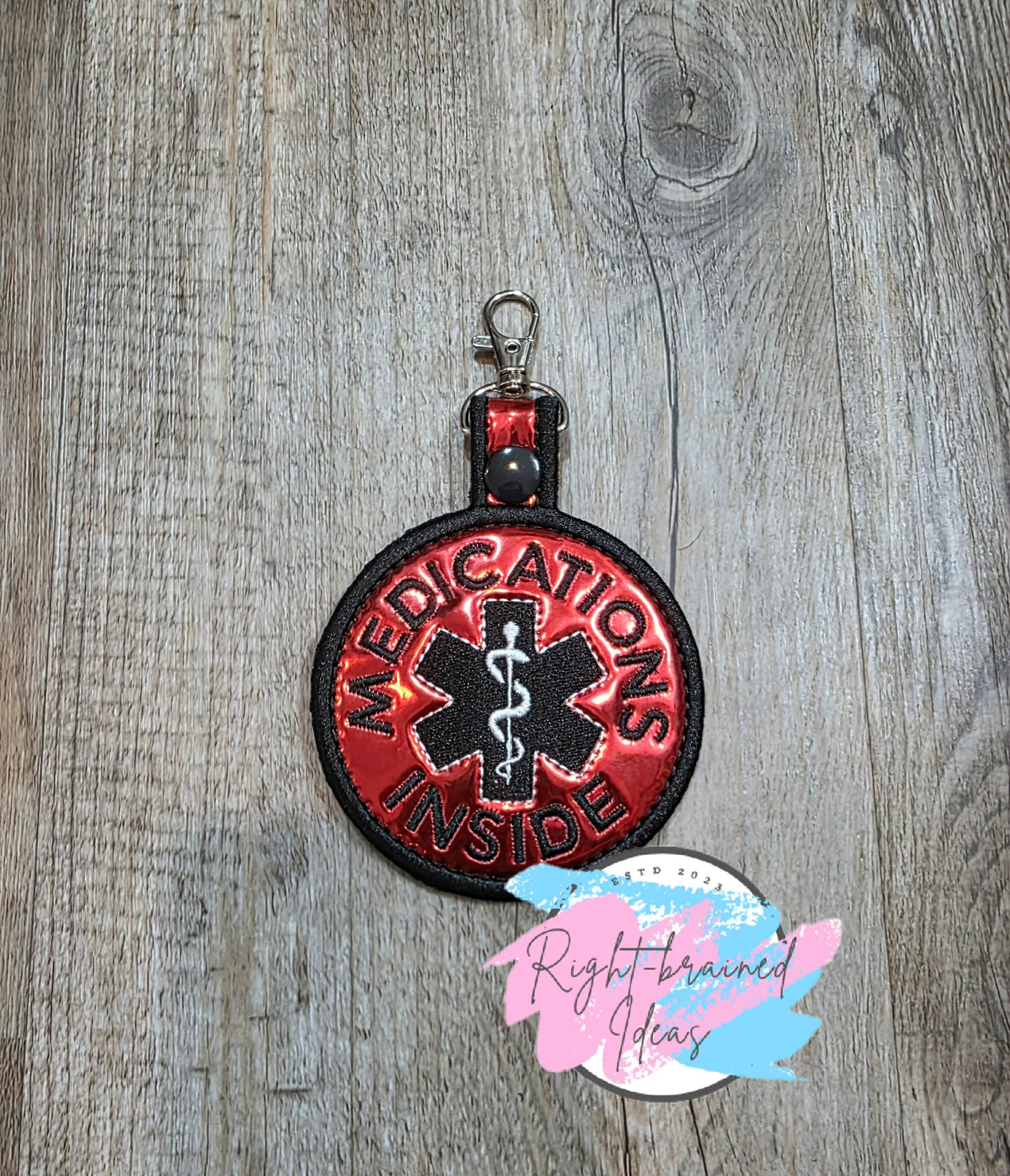 Medication Inside Black And White On Red Metallic Vinyl Patch Tab