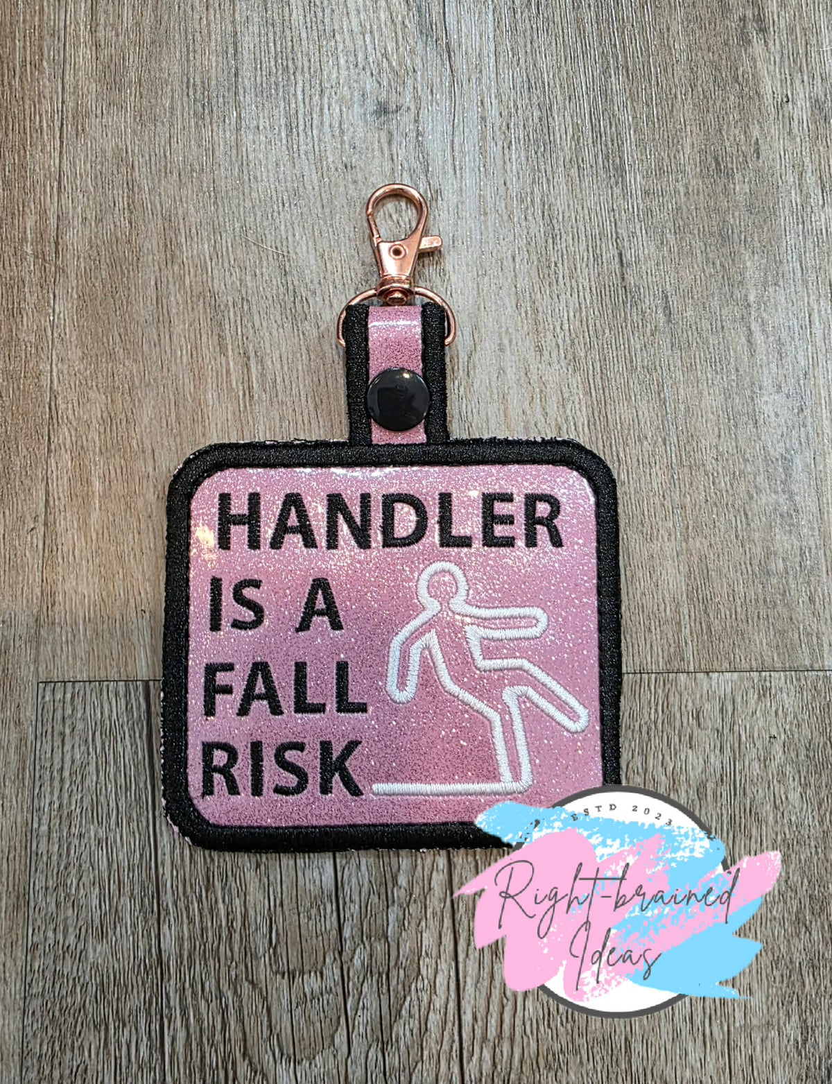 Handler Is A Fall Risk Black And White On Sparkle Light Pink Vinyl Patch Tab