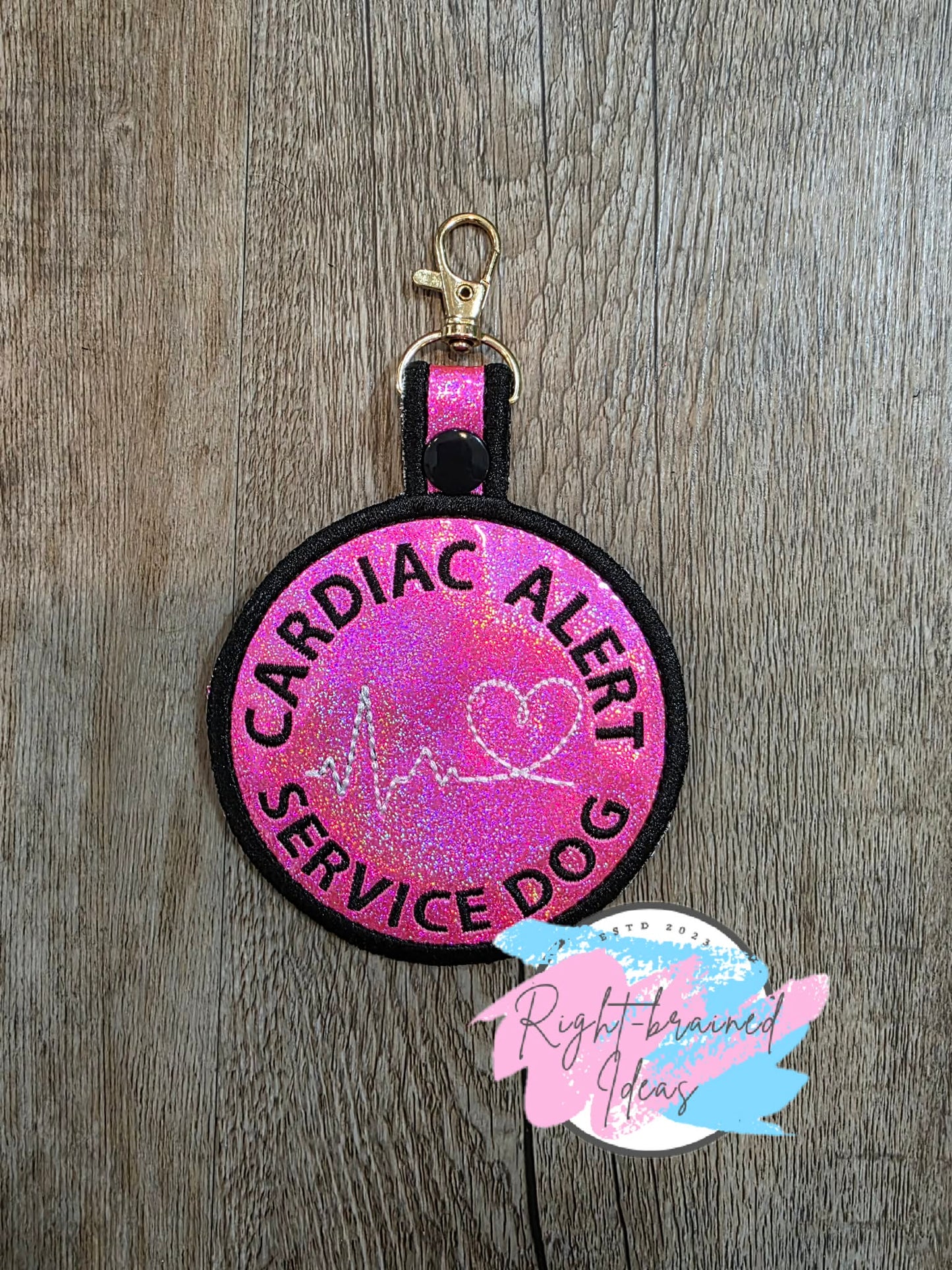 Cardiac Alert Service Dog Black And White On Sparkle Pink Holographic Vinyl Patch Tab