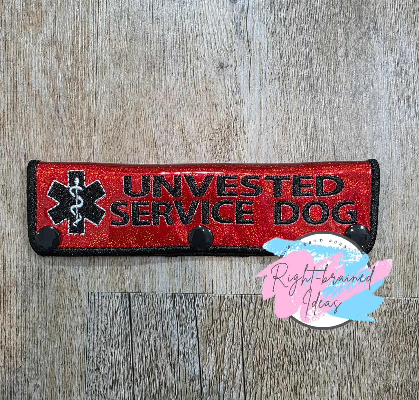 Unvested Service Dog Black And White On Sparkle Red Holographic Vinyl Leash Wrap