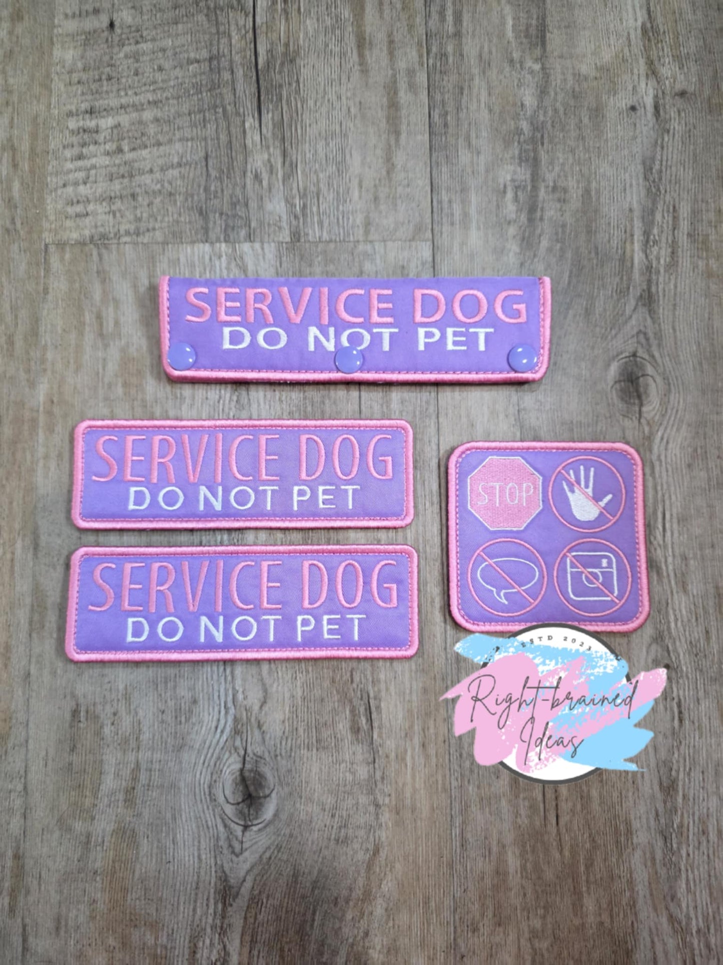 Service Dog Do Not Pet Pink On Lavender Purple Twill Four-piece Patch and Leash Wrap Set
