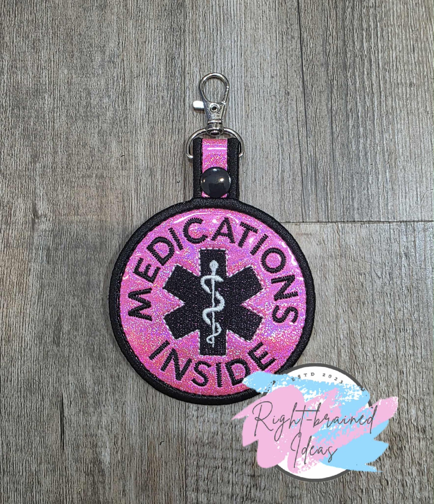 Medication Inside Black And White On Sparkle Pink Holographic Vinyl Patch Tab