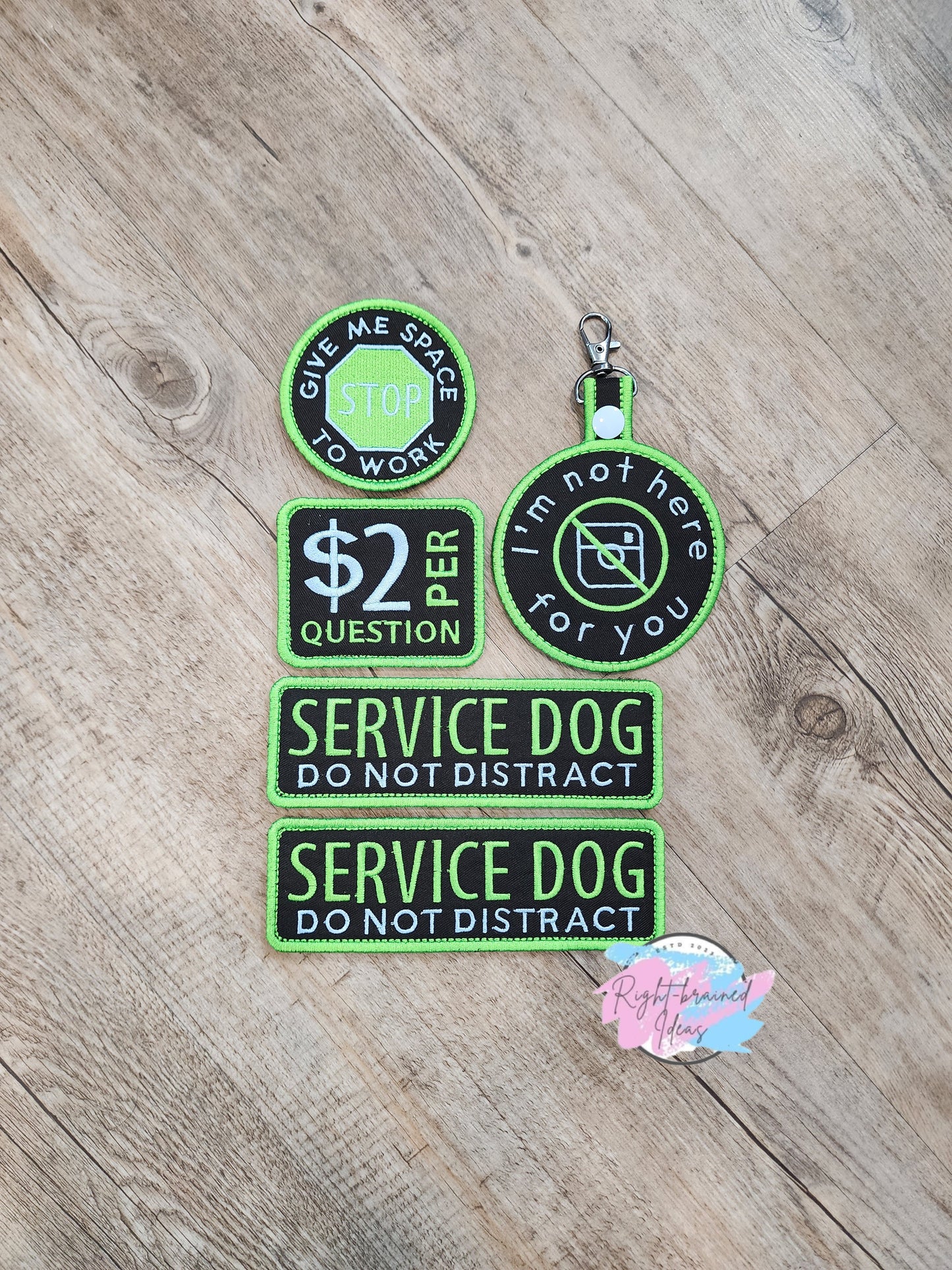 Service Dog, Do Not Distract Neon Green and Light Blue on Black Twill Five-piece Patch and Patch Tab Set