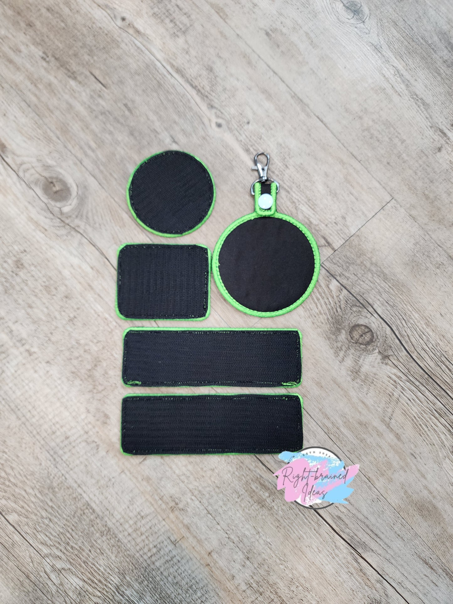 Service Dog, Do Not Distract Neon Green and Light Blue on Black Twill Five-piece Patch and Patch Tab Set