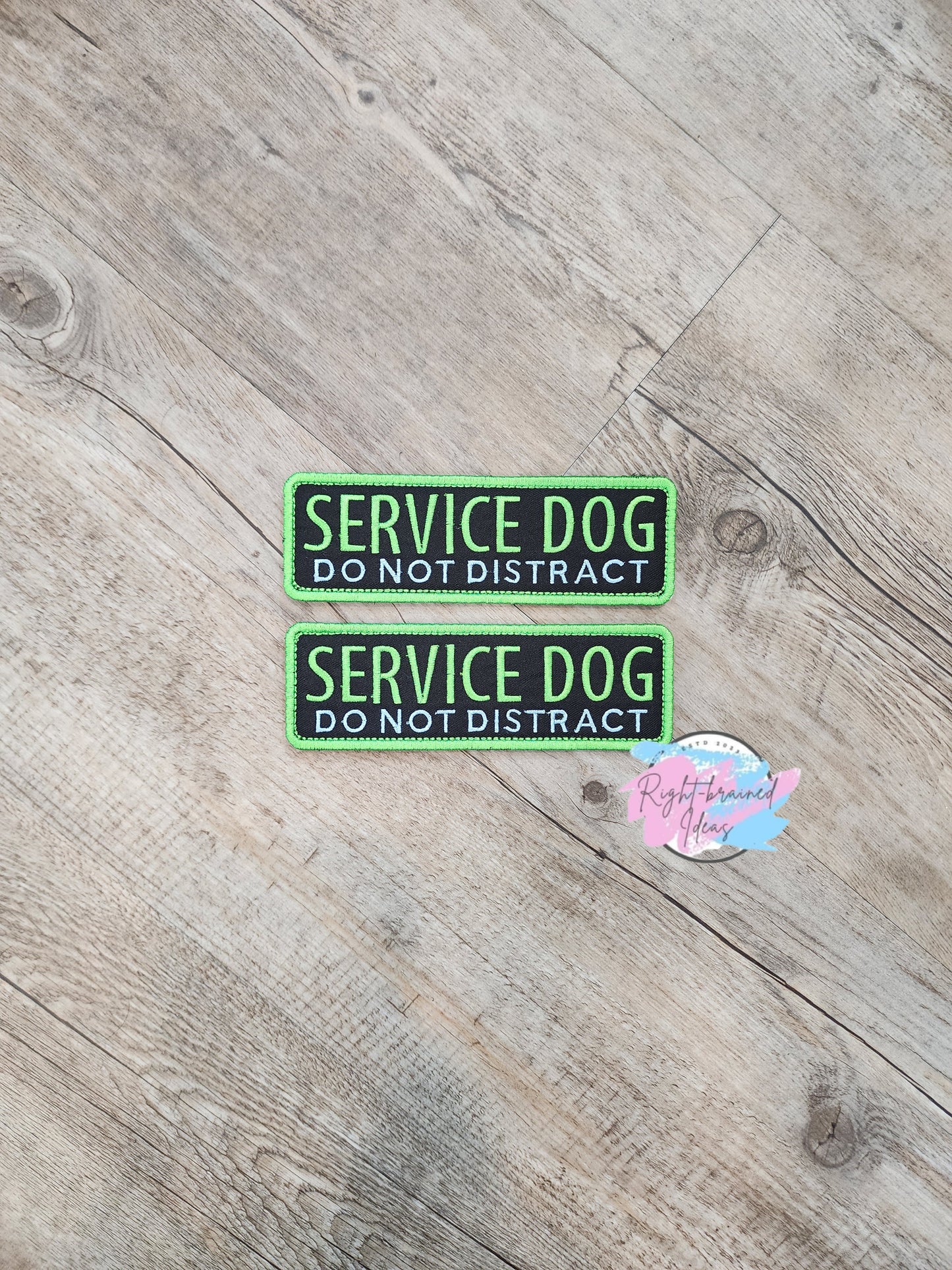 Service Dog, Do Not Distract Neon Green and Light Blue on Black Twill Five-piece Patch and Patch Tab Set