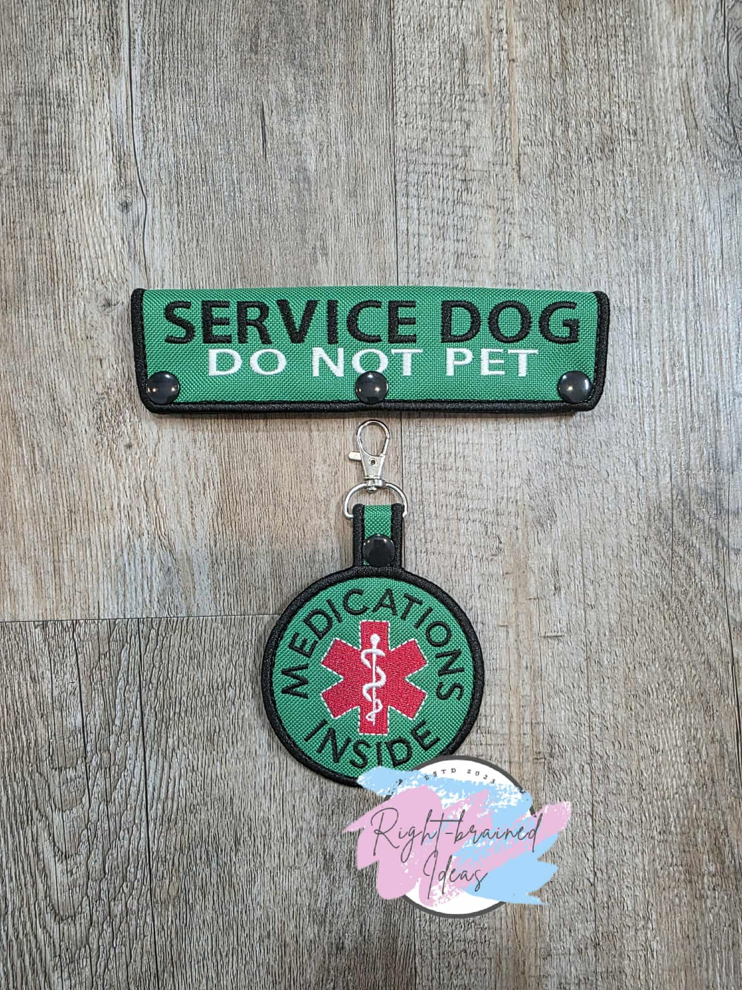 Service Dog Do Not Pet Black, White And Red On Kelly Green Canvas Two-piece Patch Tab and Leash Wrap Set