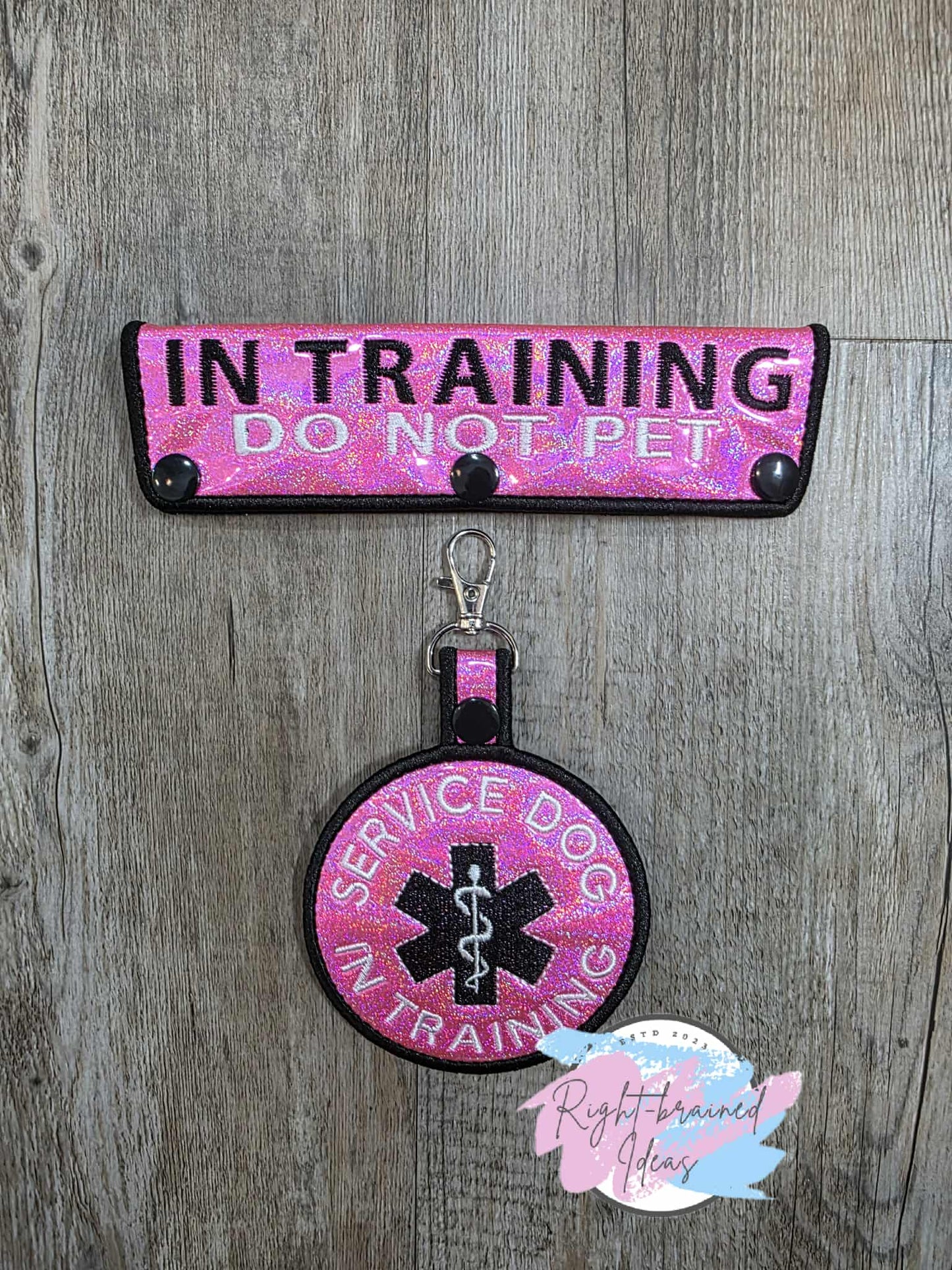 In Training Do Not Pet Black And White On Sparkle Pink Holographic Vinyl Two-piece Patch Tab and Leash Wrap Set