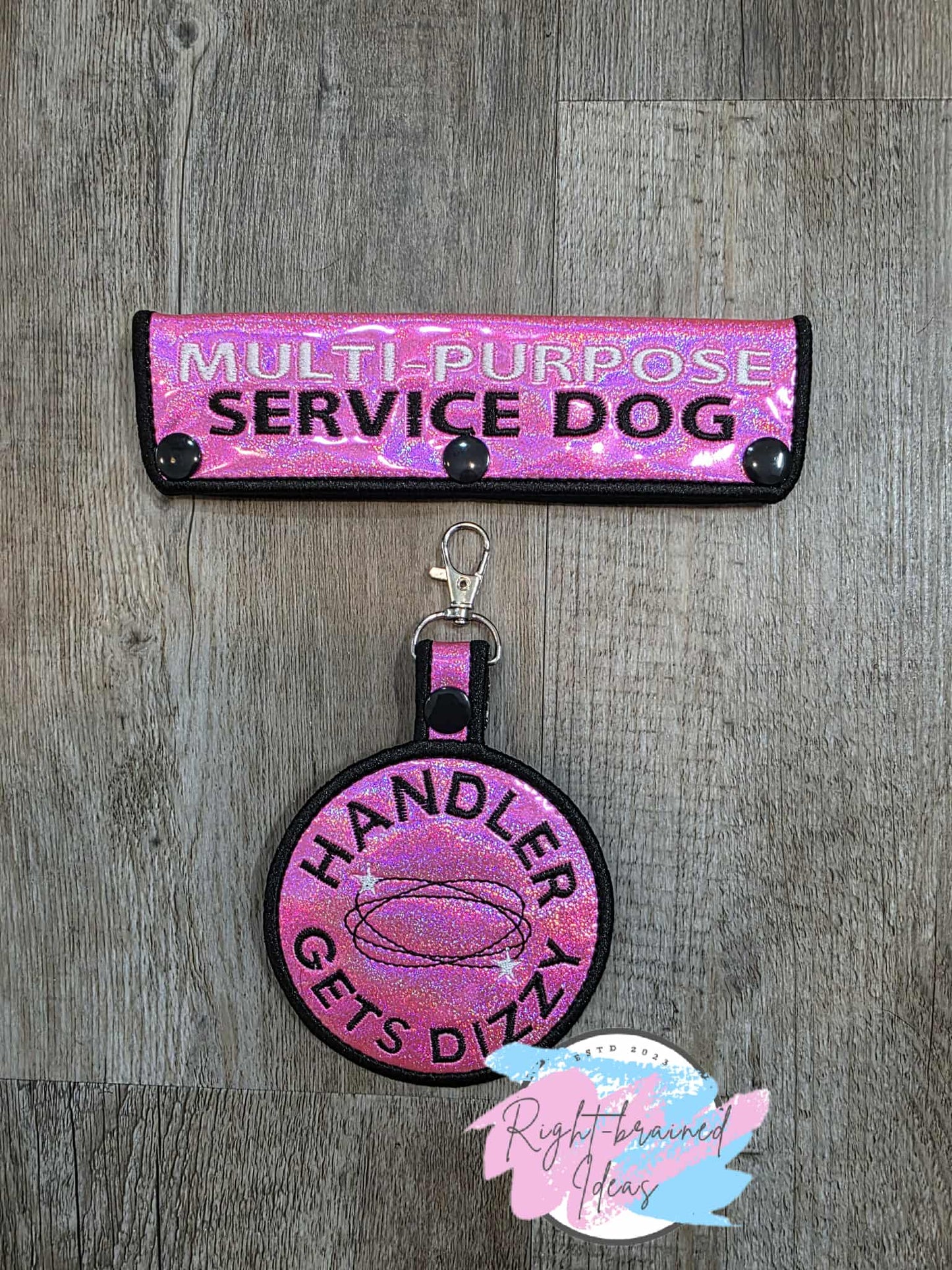 Multi-purpose Service Dog Black And White On Sparkle Pink Holographic Vinyl Two-piece Patch Tab and Leash Wrap Set