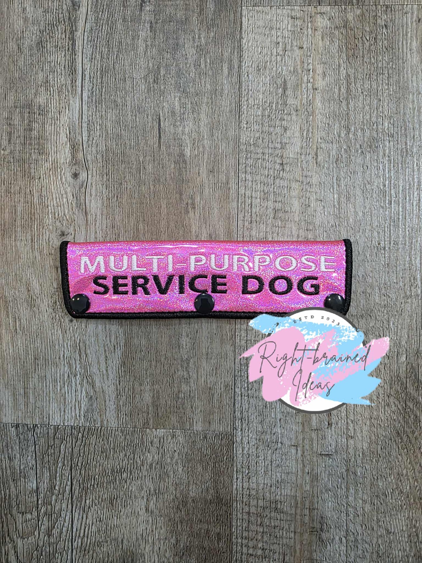 Multi-purpose Service Dog Black And White On Sparkle Pink Holographic Vinyl Two-piece Patch Tab and Leash Wrap Set