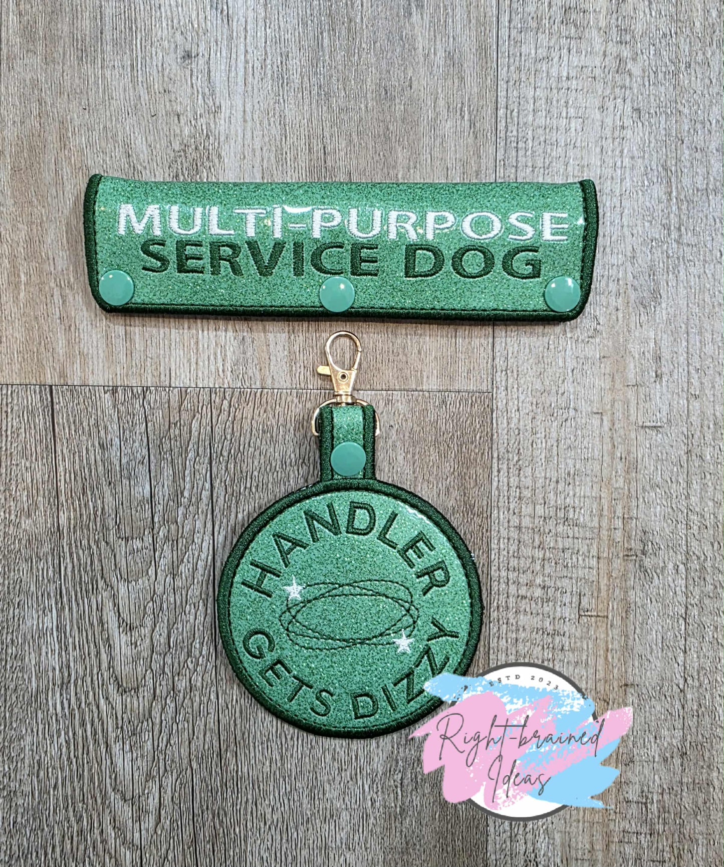 Multi-purpose Service Dog Forest Green And White On Sparkle Moss Green Vinyl Two-piece Patch Tab and Leash Wrap Set