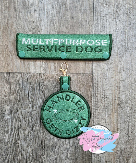 Multi-purpose Service Dog Forest Green And White On Sparkle Moss Green Vinyl Two-piece Patch Tab and Leash Wrap Set