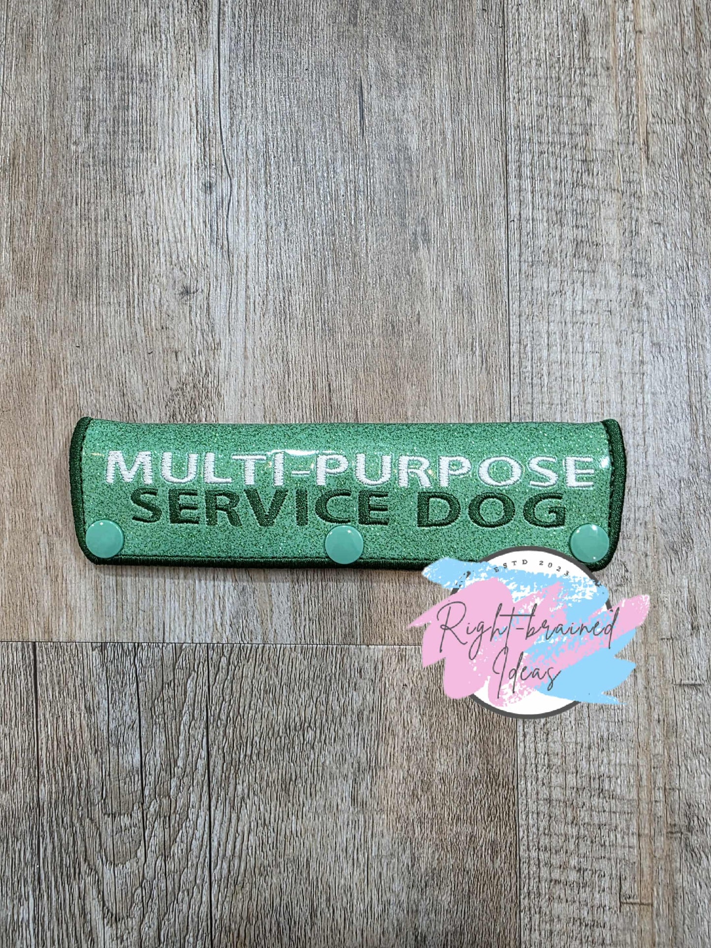 Multi-purpose Service Dog Forest Green And White On Sparkle Moss Green Vinyl Two-piece Patch Tab and Leash Wrap Set