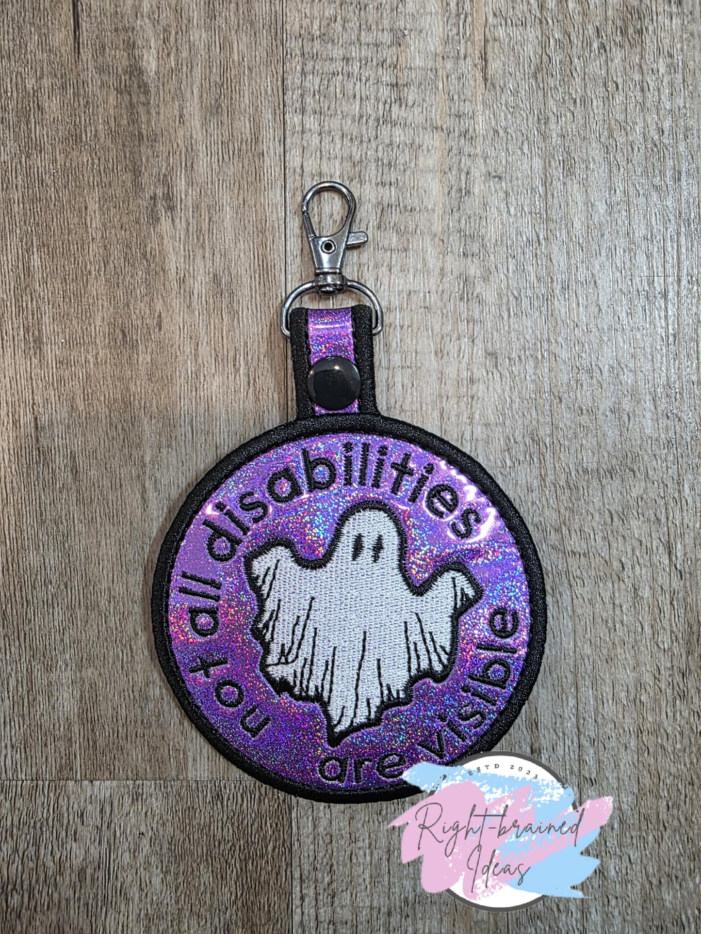 Spooky Season Inspired Not All Disabilities Are Visible White And Black On Sparkle Purple Holographic Vinyl Patch Tab