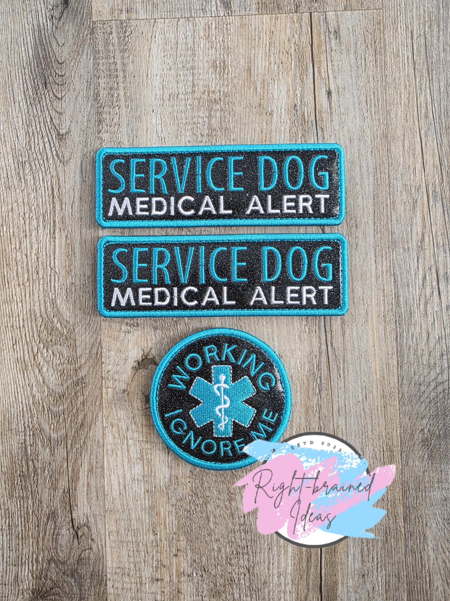 Service Dog Medical Alert Teal and White On Sparkle Black Vinyl Three-piece Patch Set