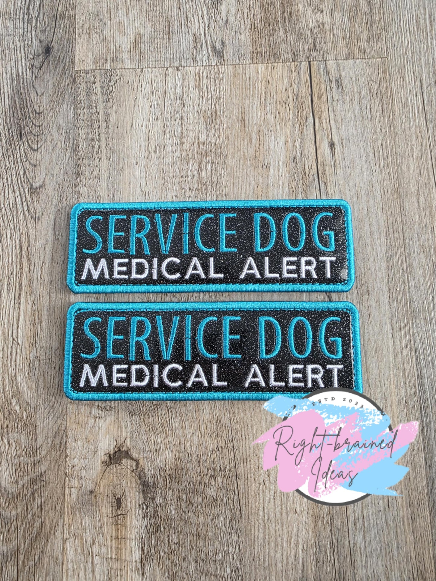 Service Dog Medical Alert Teal and White On Sparkle Black Vinyl Three-piece Patch Set