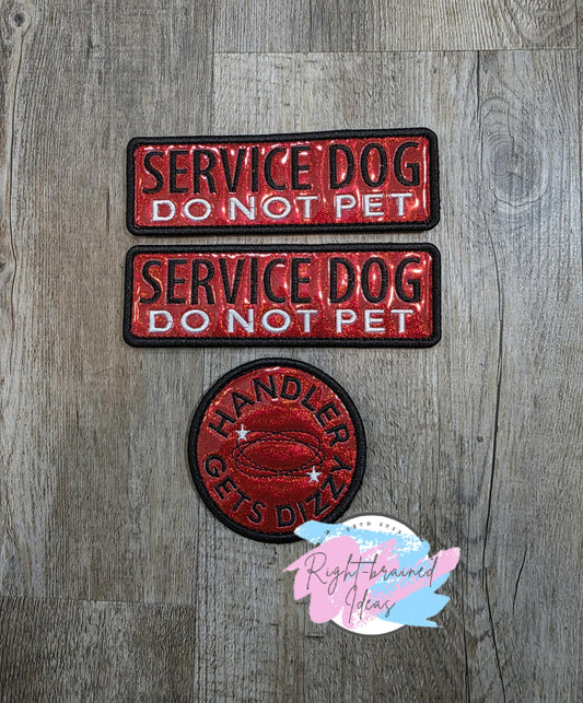 Service Dog Do Not Pet Black and White On Sparkle Red Holographic Vinyl Three-piece Patch Set