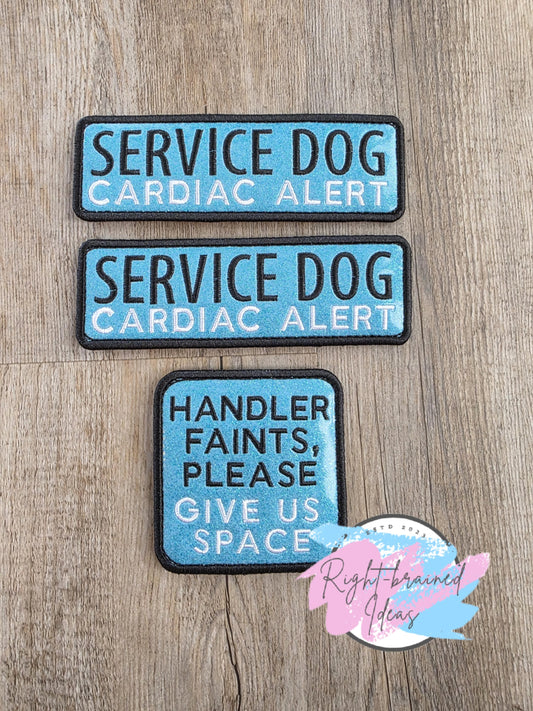 Service Dog Cardiac Alert Black And White On Sparkle Sky Blue Vinyl Three-piece Patch Set
