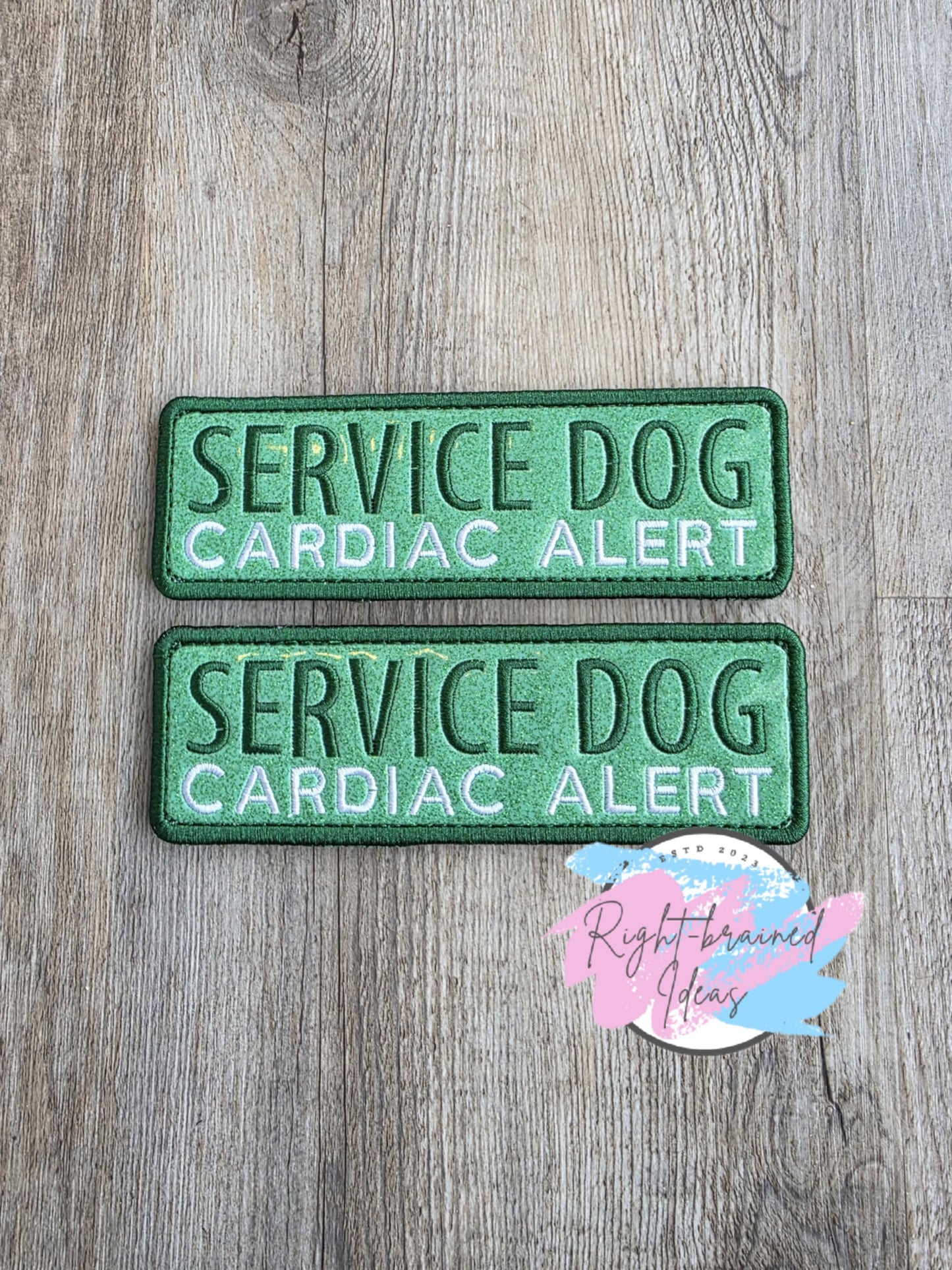 Service Dog Cardiac Alert Forest Green And White On Sparkle Moss Green Vinyl Three-piece Patch Set