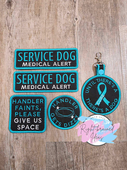 Service Dog Medical Alert Teal on Black Twill POTS Dysautonomia Five-piece Patch and Tab Set