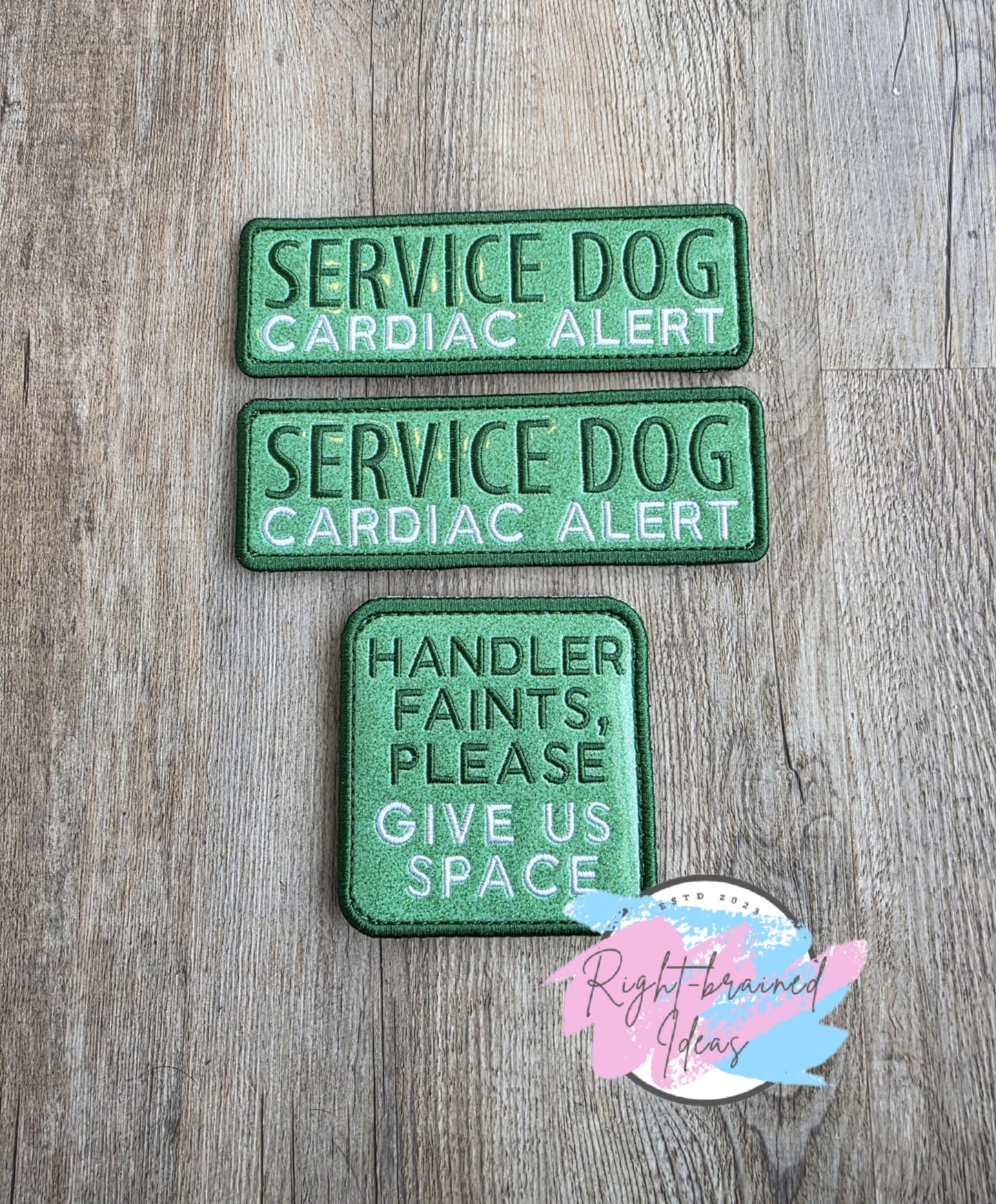 Service Dog Cardiac Alert Forest Green And White On Sparkle Moss Green Vinyl Three-piece Patch Set