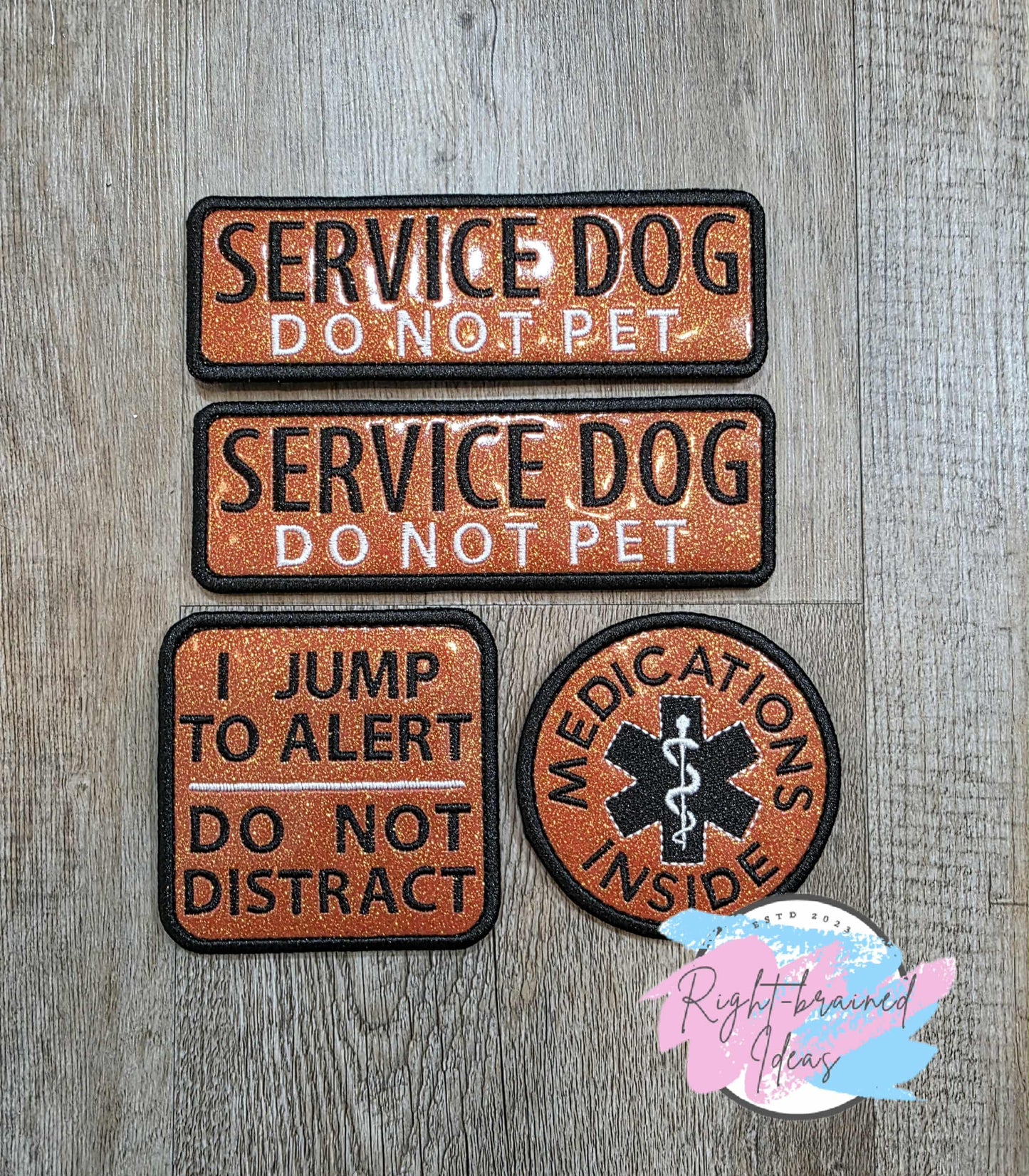 Service Dog Do Not Pet Black And White On Sparkle Burnt Orange Vinyl Four-piece Patch Set