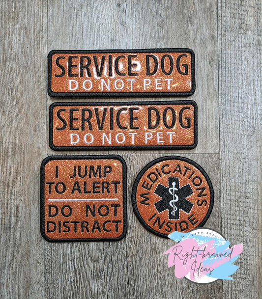 Service Dog Do Not Pet Black And White On Sparkle Burnt Orange Vinyl Four-piece Patch Set