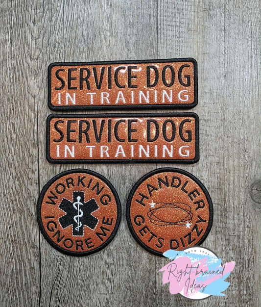 Service Dog In Training Black And White On Sparkle Burnt Orange Vinyl Four-piece Patch Set