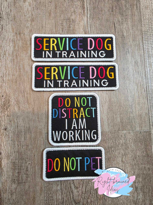 Service Dog Autism Assistance Rainbow And White On Black Light-Weight High Performance Twill Neurodivergent Inspired Four-piece Patch Set